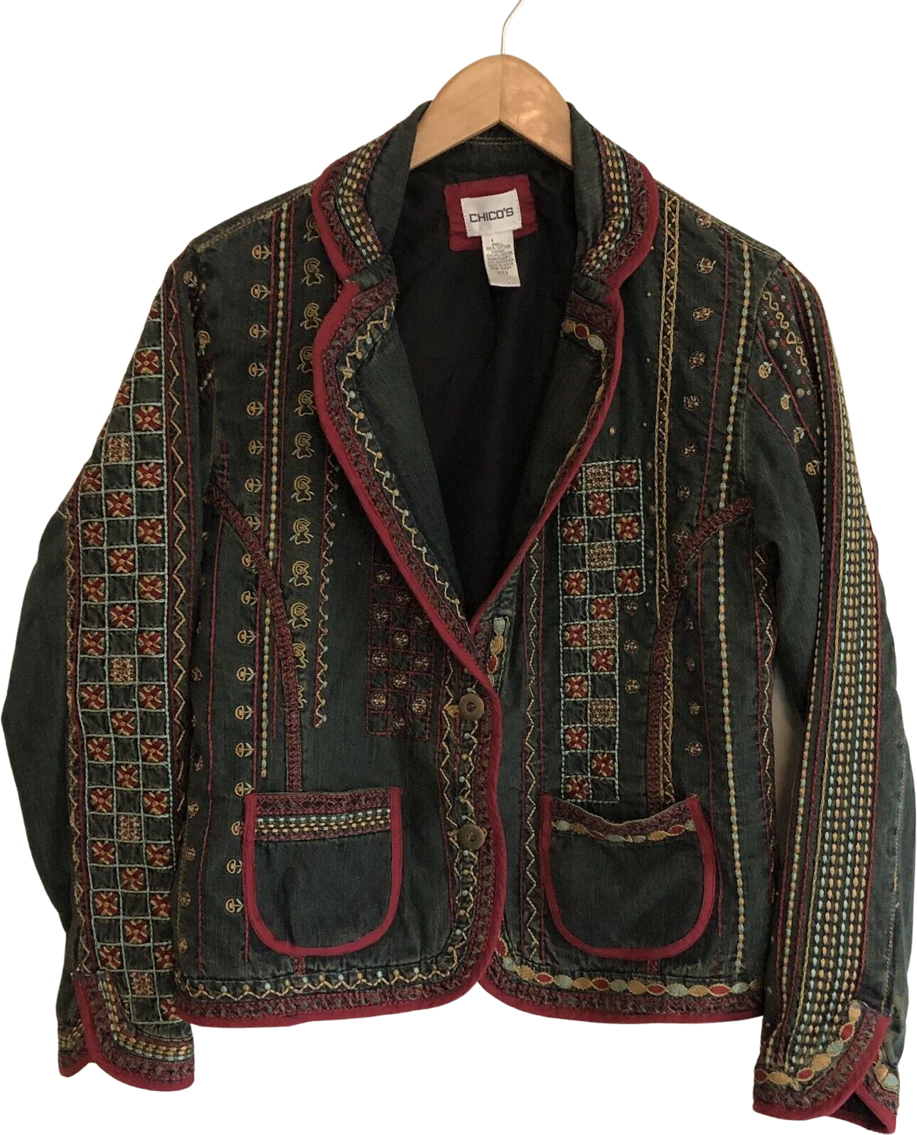 0 Womens Embroidered Jacket Blazer Western Mian Cotton Blue Small by Chico's