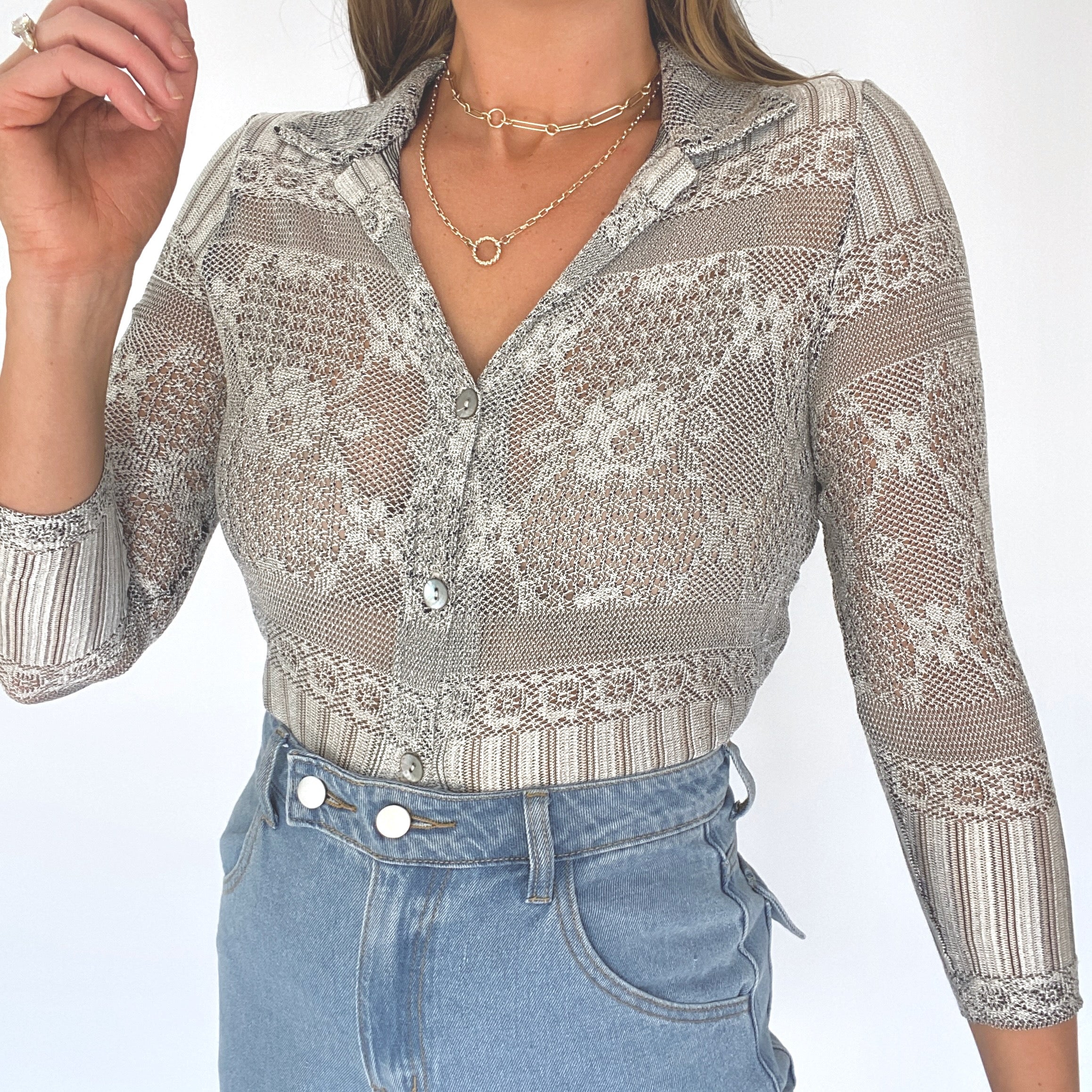 00s Gray Open Knit Blouse - Image 4