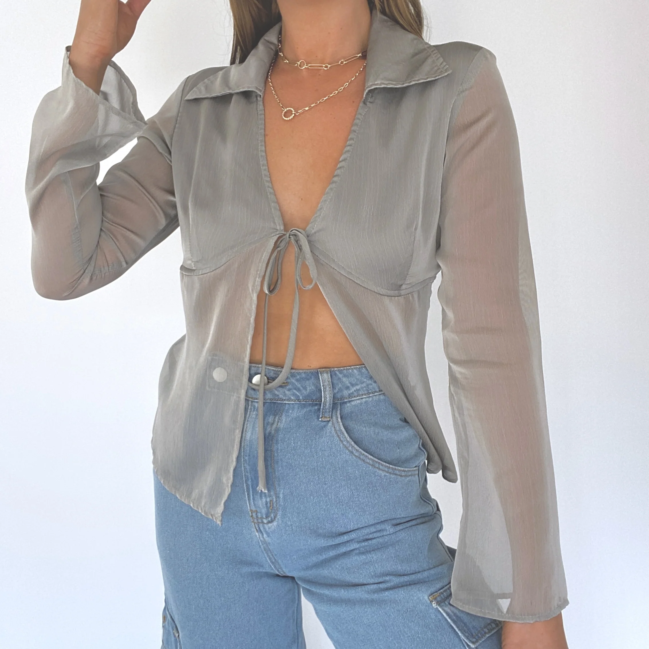 00s Sheer Gray Front Tie Blouse - Image 3
