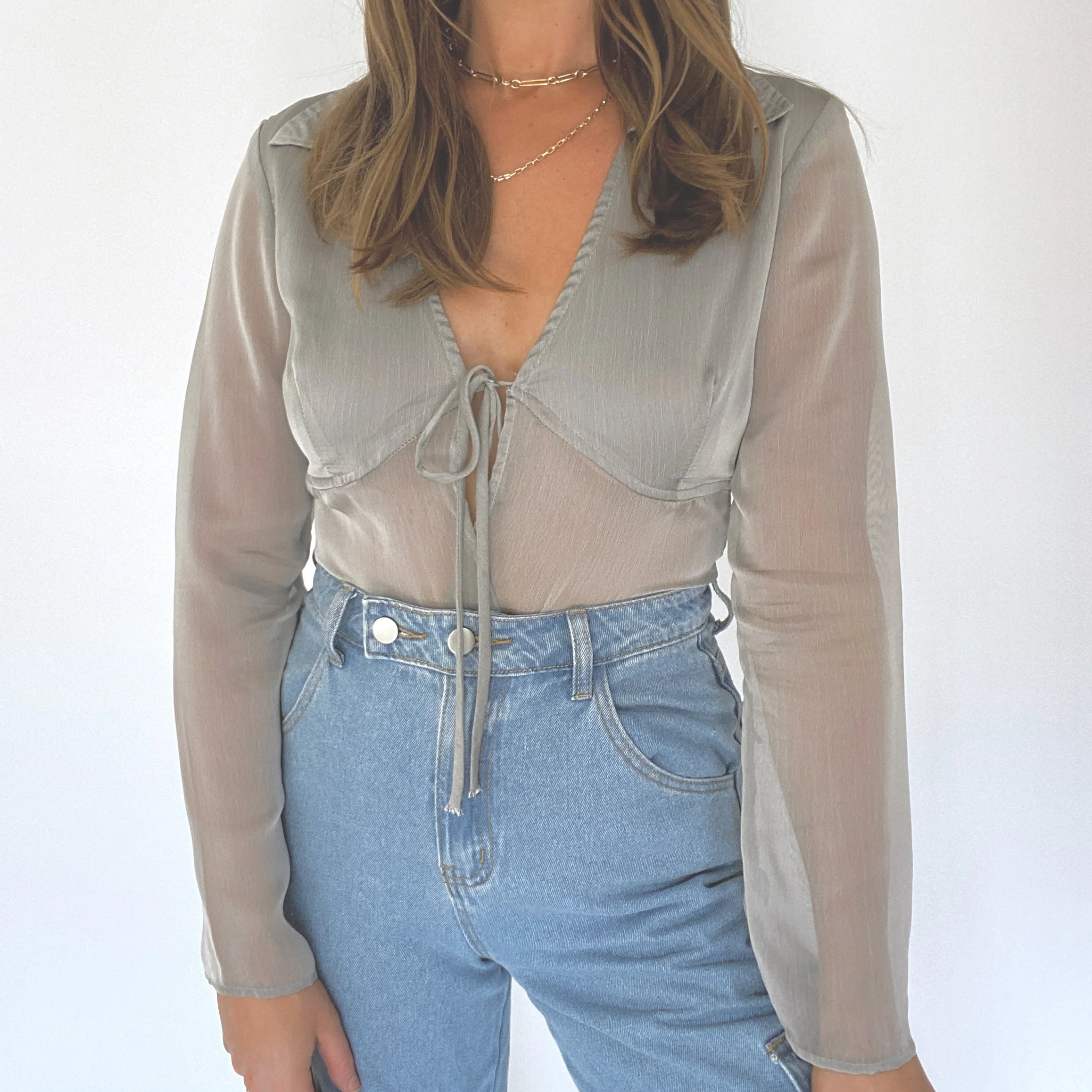 00s Sheer Gray Front Tie Blouse - Image 6