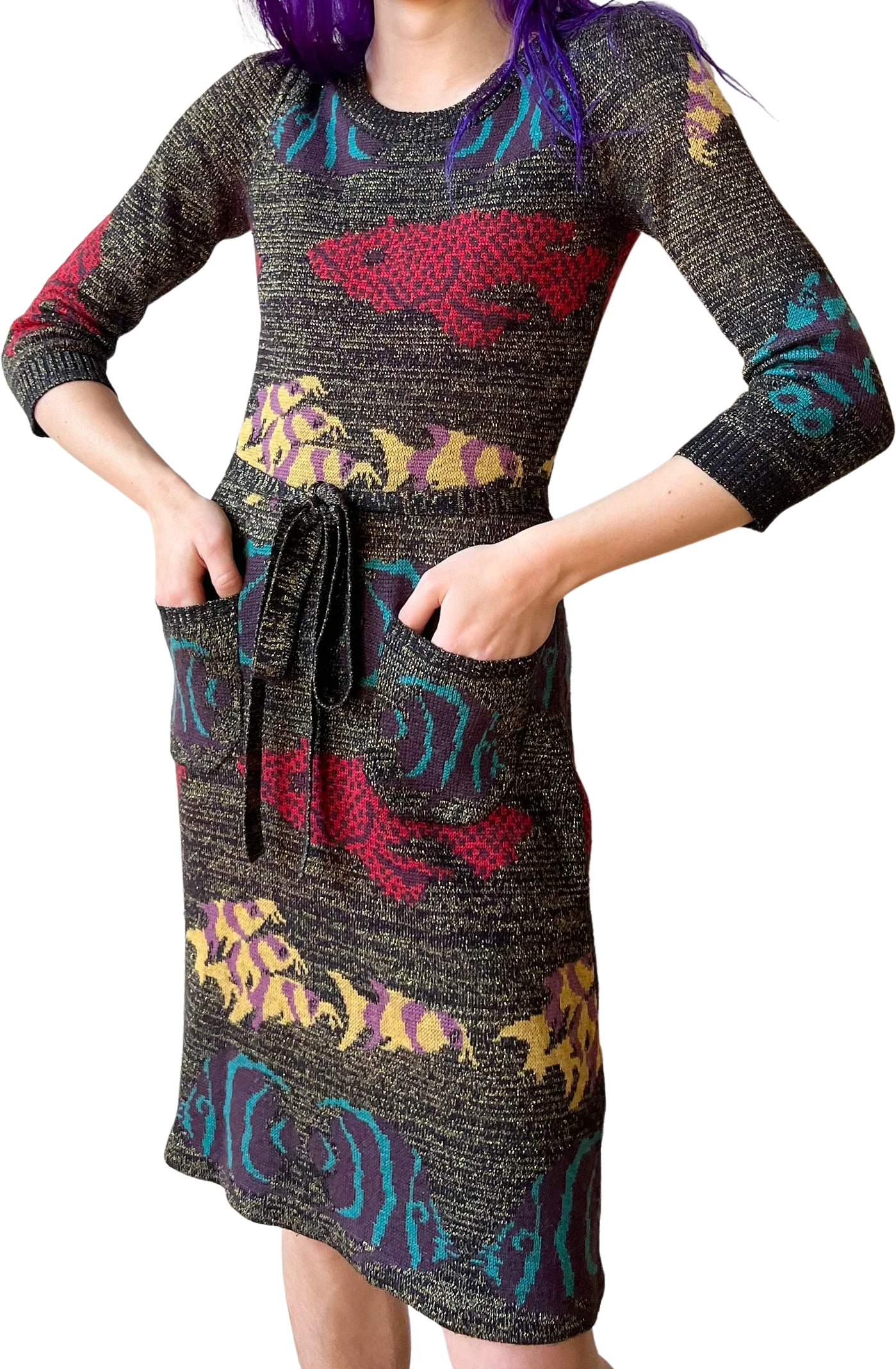 00s Betsey Johnson New York Fitted Fish Print Sweater Dress with Pockets by Betsey Johnson