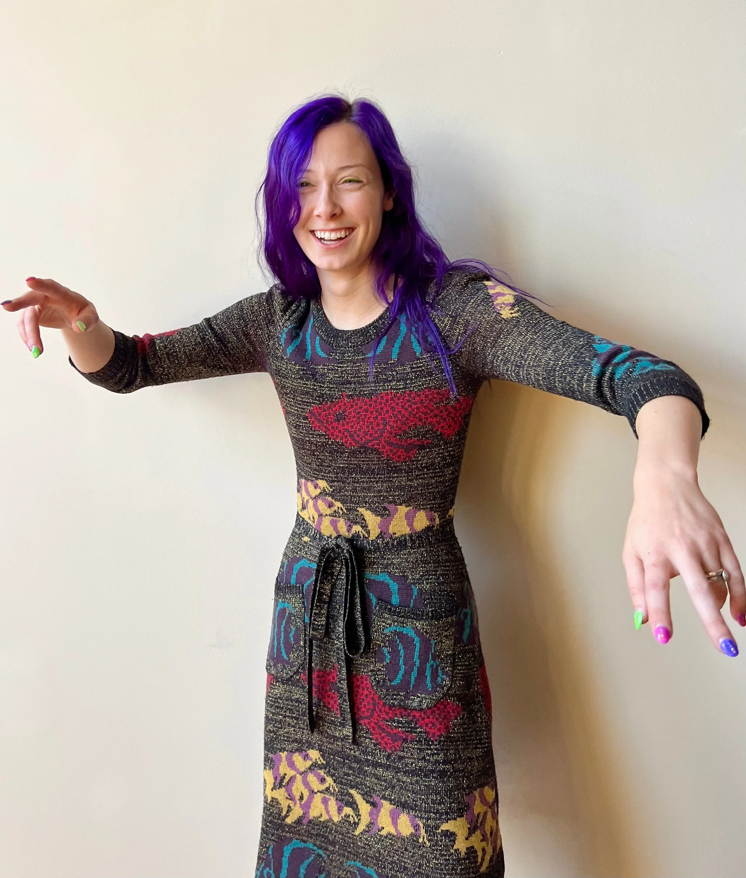 00s Betsey Johnson New York Fitted Fish Print Sweater Dress with Pockets by Betsey Johnson - Image 10