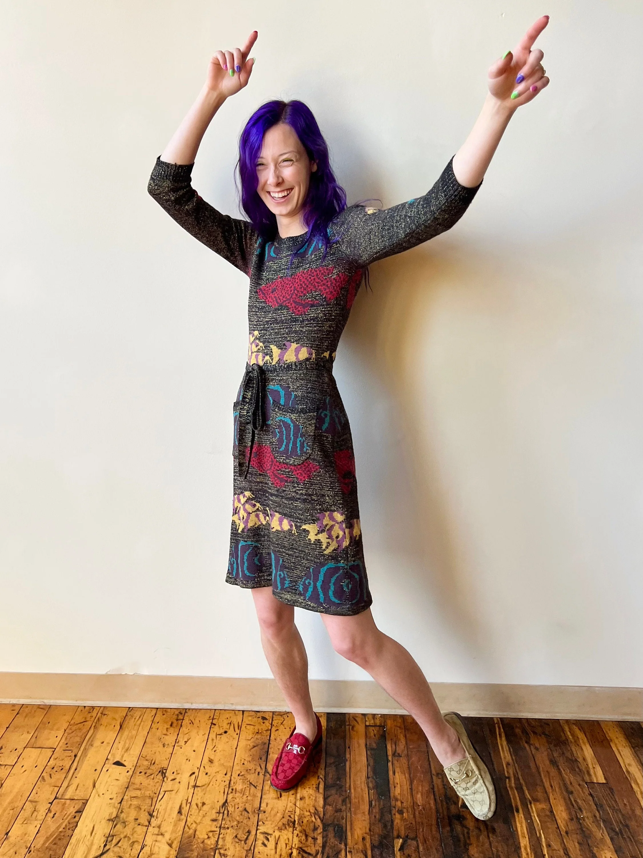 00s Betsey Johnson New York Fitted Fish Print Sweater Dress with Pockets by Betsey Johnson - Image 3