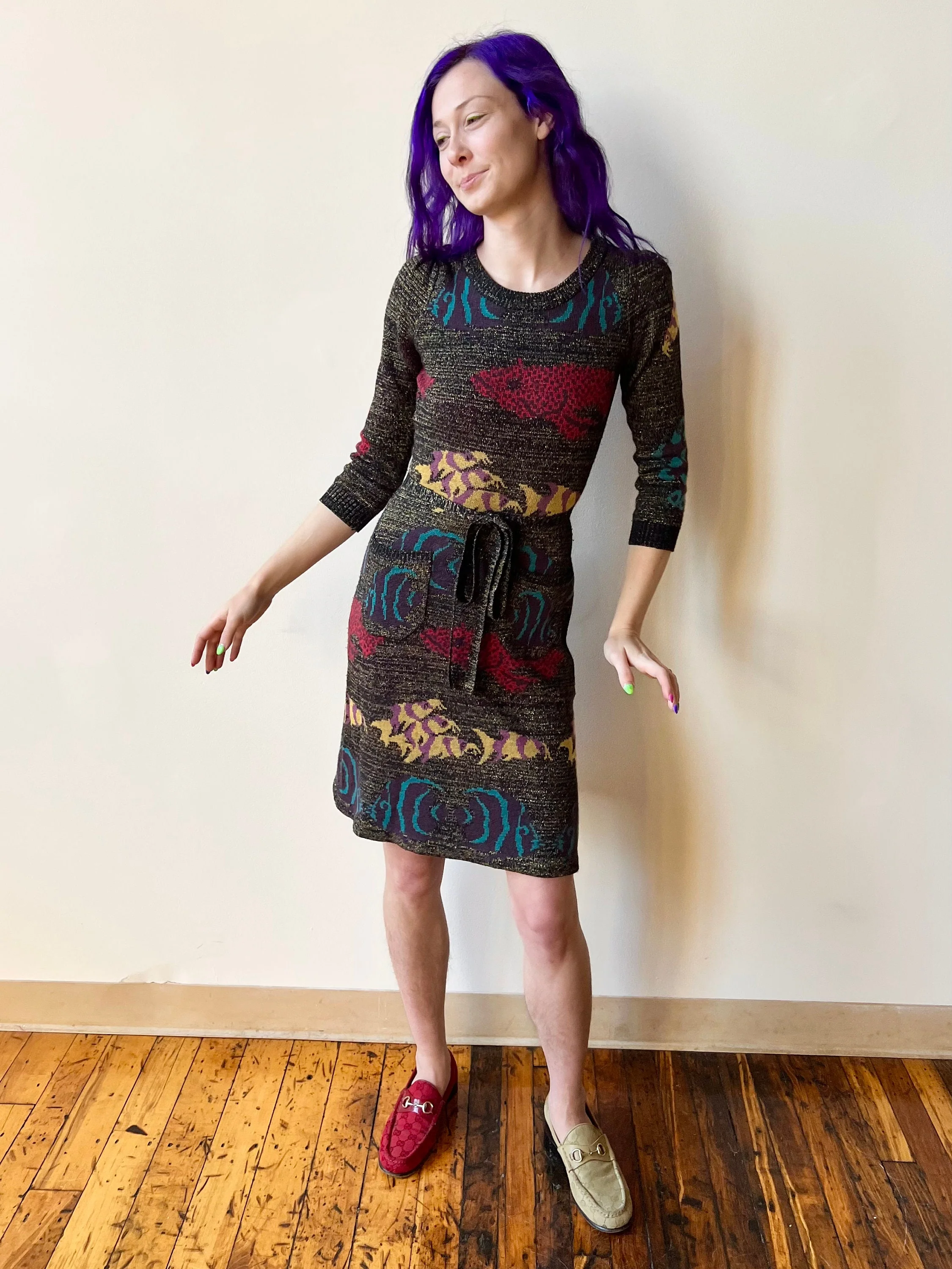 00s Betsey Johnson New York Fitted Fish Print Sweater Dress with Pockets by Betsey Johnson - Image 5