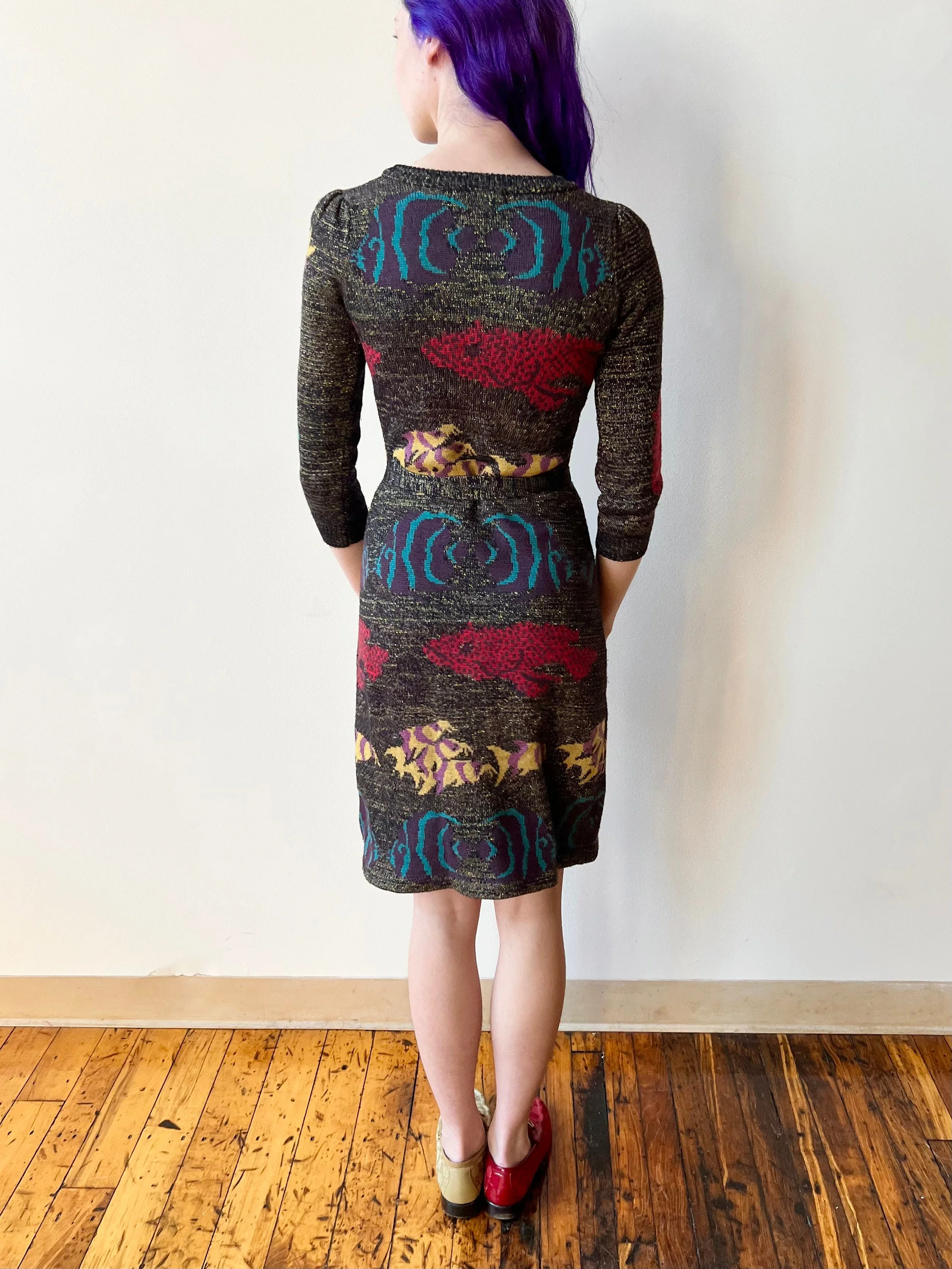 00s Betsey Johnson New York Fitted Fish Print Sweater Dress with Pockets by Betsey Johnson - Image 6
