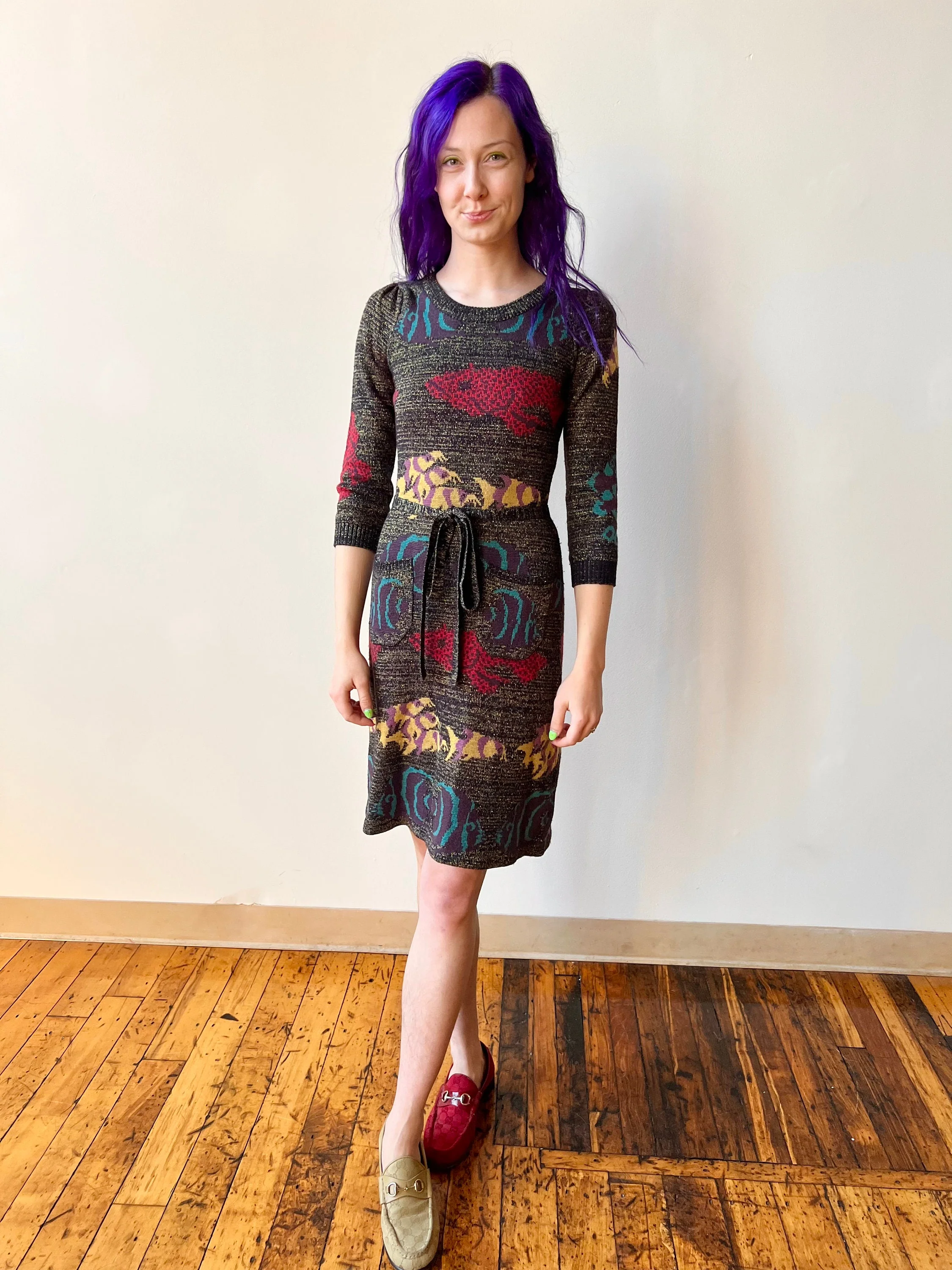 00s Betsey Johnson New York Fitted Fish Print Sweater Dress with Pockets by Betsey Johnson - Image 7