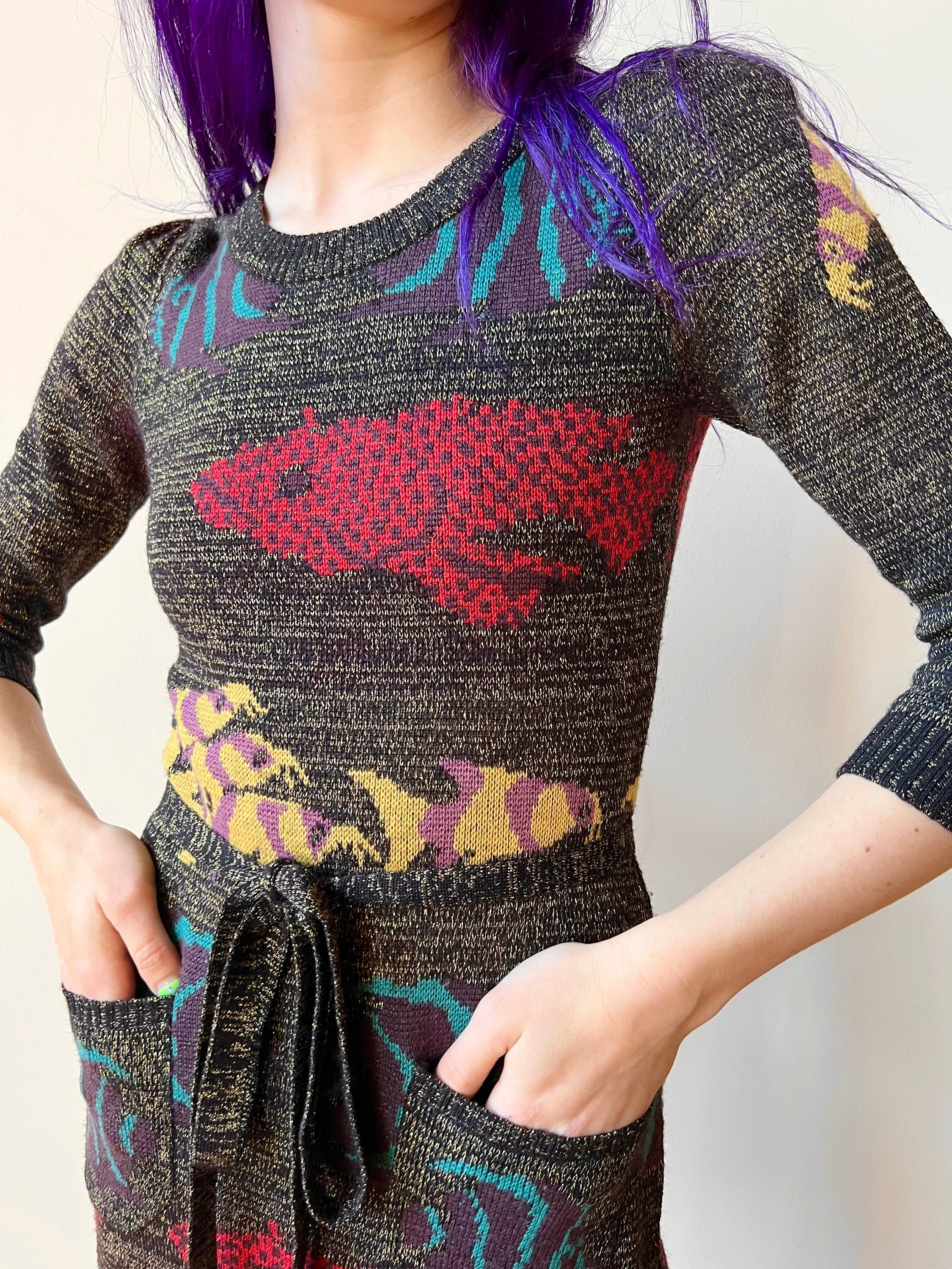 00s Betsey Johnson New York Fitted Fish Print Sweater Dress with Pockets by Betsey Johnson - Image 8