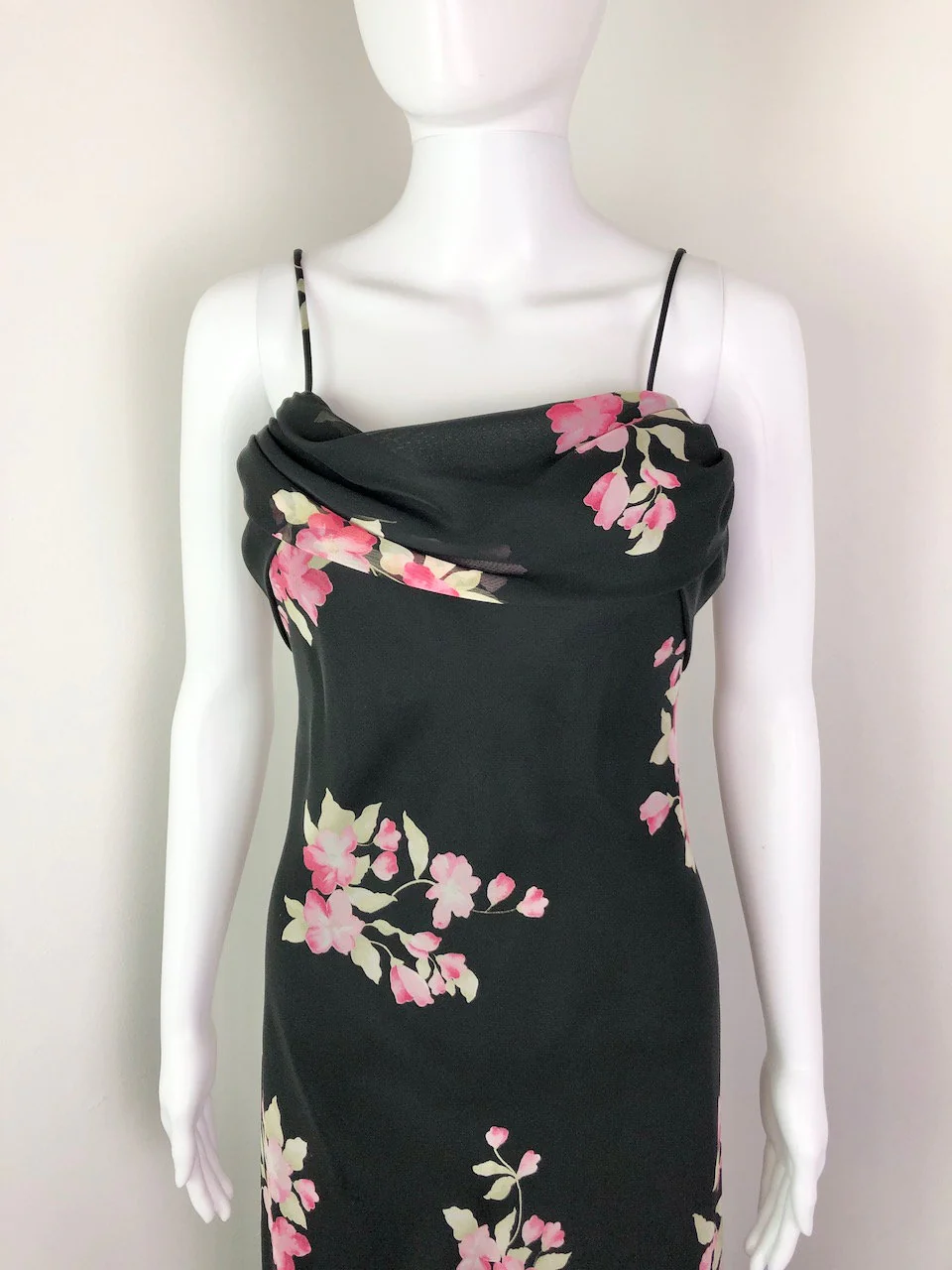 00s Black Floral Gown with Asymmetrical Bust and Waterfall Back Betsy and Adam by Linda Burnell - Image 3
