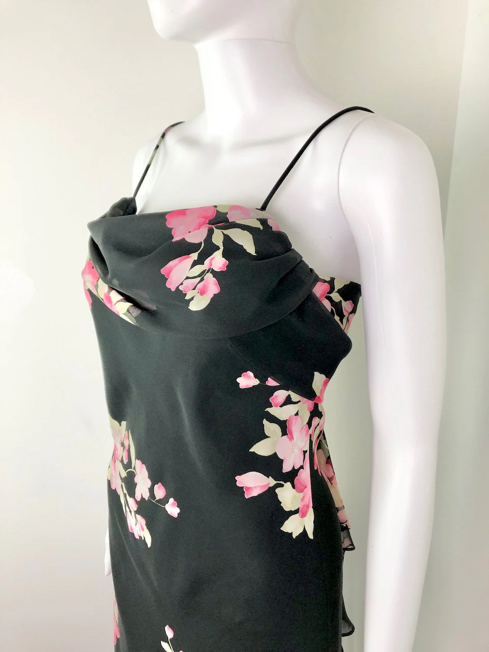 00s Black Floral Gown with Asymmetrical Bust and Waterfall Back Betsy and Adam by Linda Burnell - Image 4