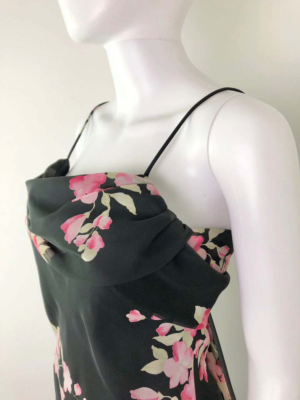 00s Black Floral Gown with Asymmetrical Bust and Waterfall Back Betsy and Adam by Linda Burnell - Image 5