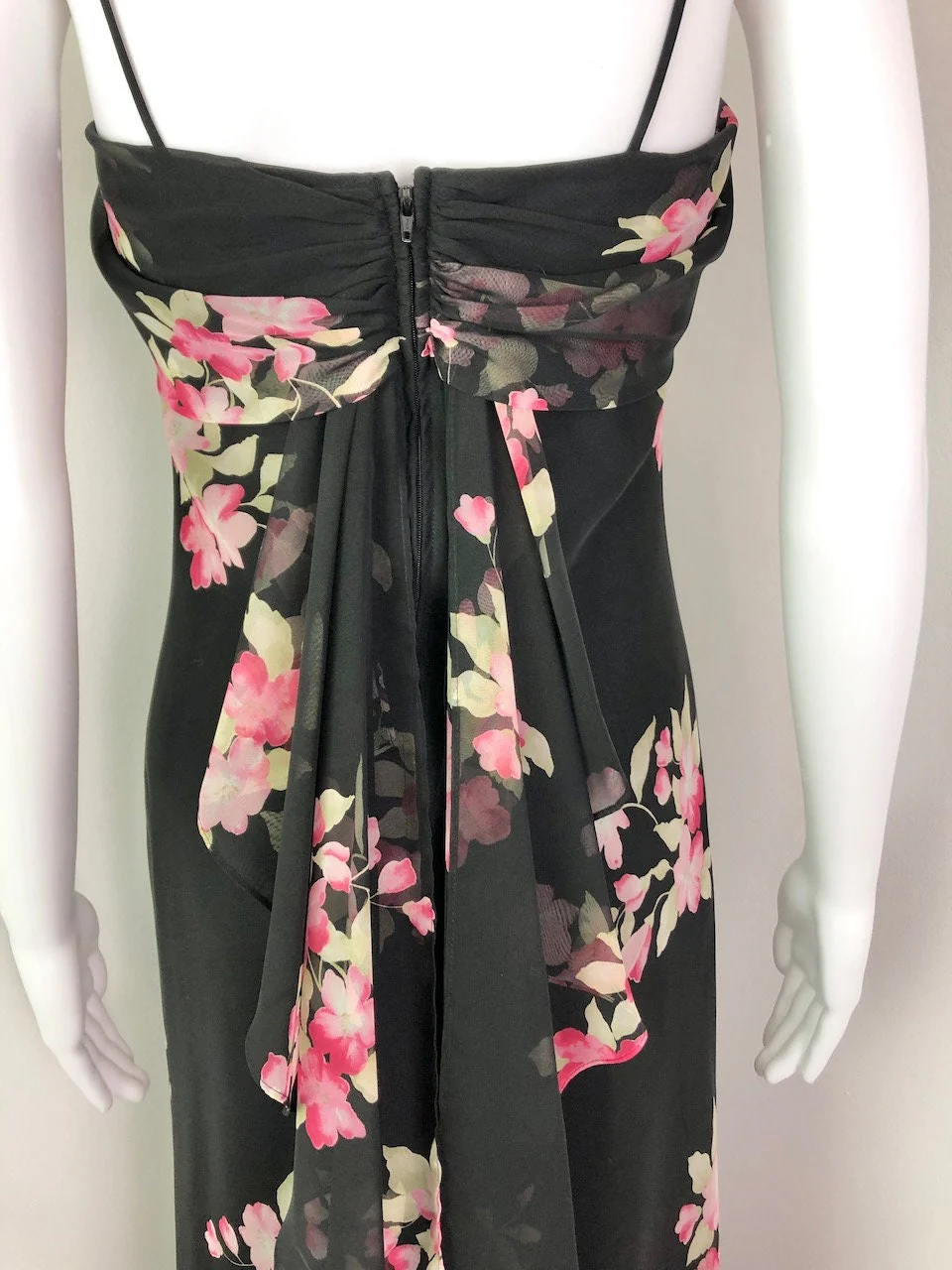 00s Black Floral Gown with Asymmetrical Bust and Waterfall Back Betsy and Adam by Linda Burnell - Image 7