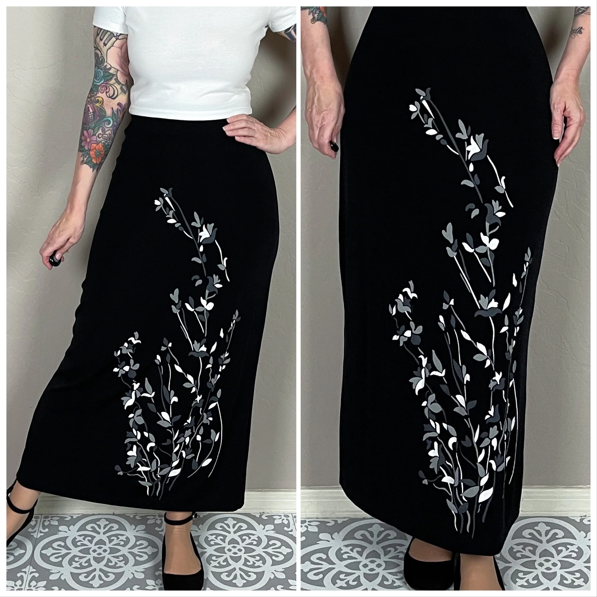 00s Black Floral Slinky A-line Maxi Skirt By Carolyn Strauss - Image 2