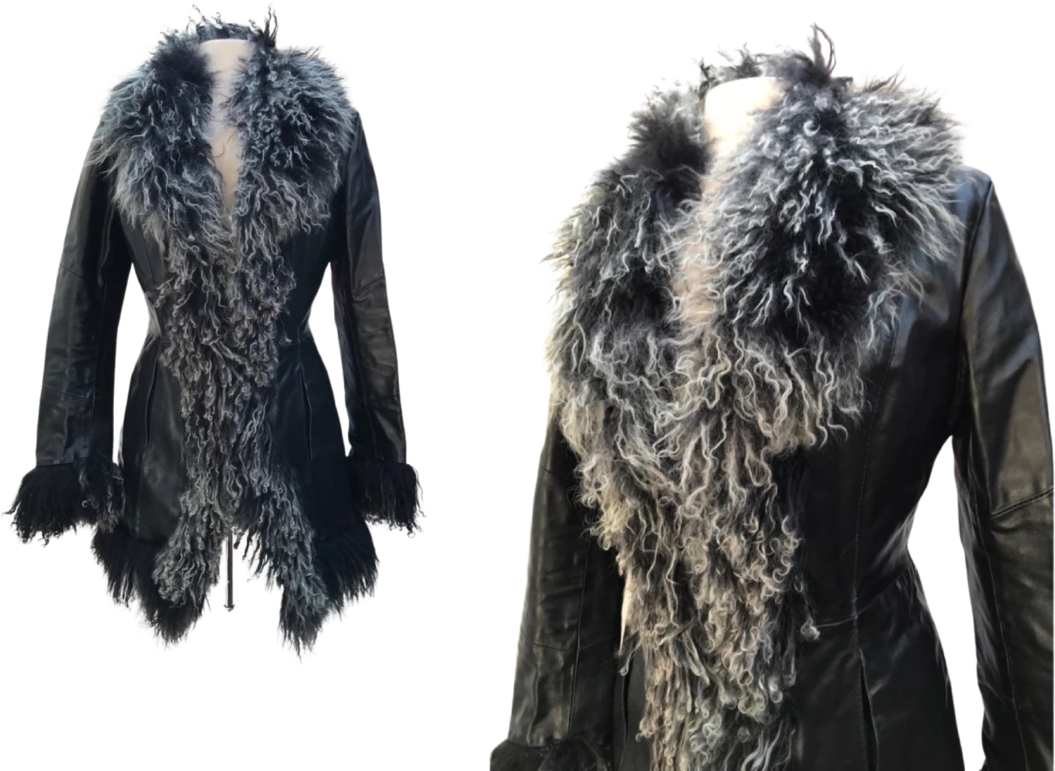 00s Black Leather Coat Curly Lamb Fit Flare Italian By Made In Italy