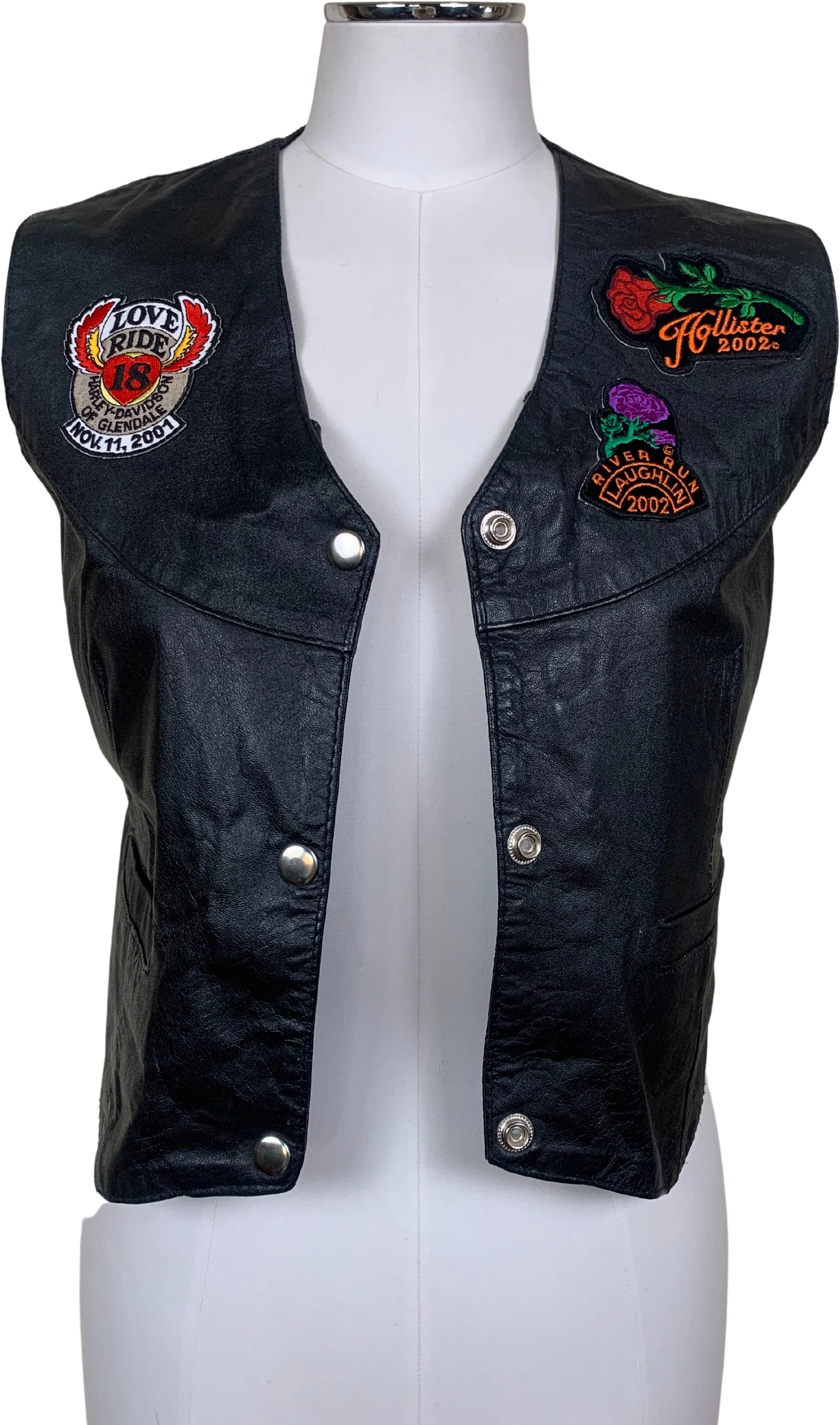00s Black Leather Motorcycle Vest with Patches by Hudson Leather