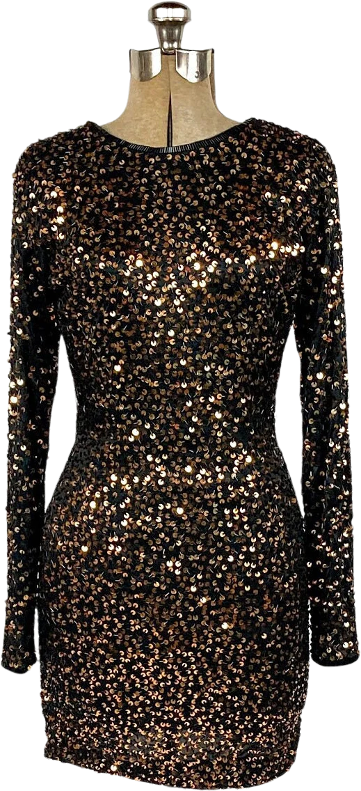 00s Black Plunging V Long Sleeve Dress Beaded Gold Sequin Mini Dress Bodycon Bandage Party Vintage Dress