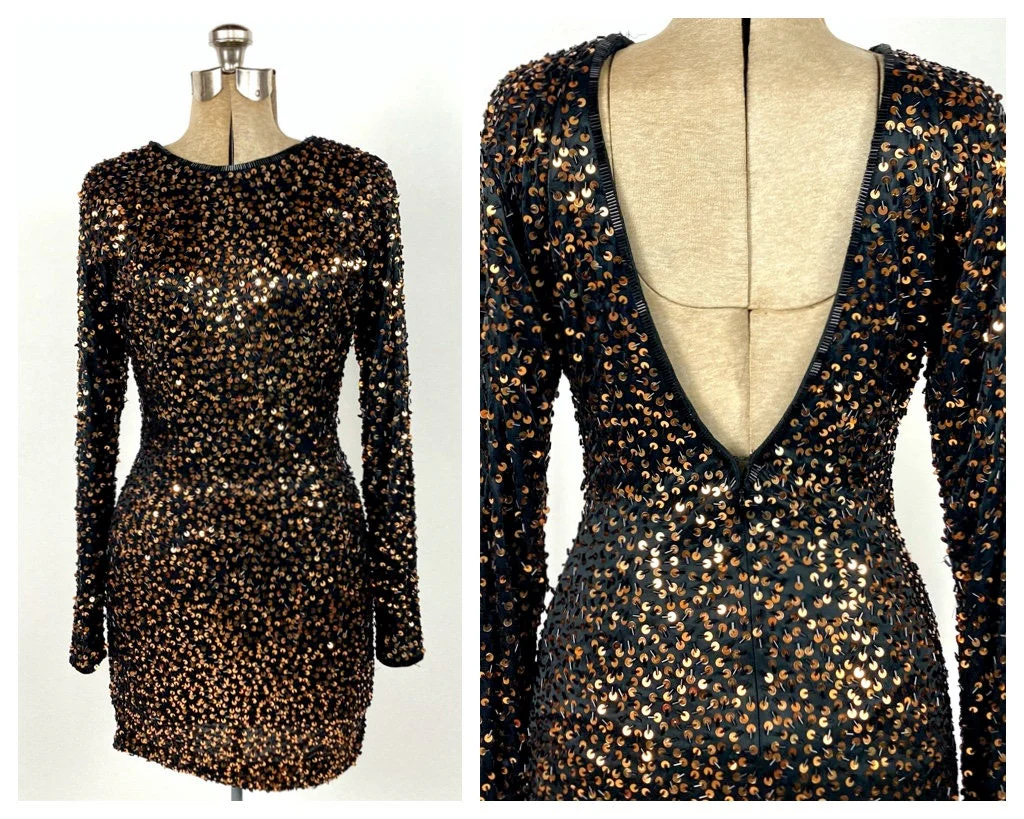 00s Black Plunging V Long Sleeve Dress Beaded Gold Sequin Mini Dress Bodycon Bandage Party Vintage Dress - Image 2