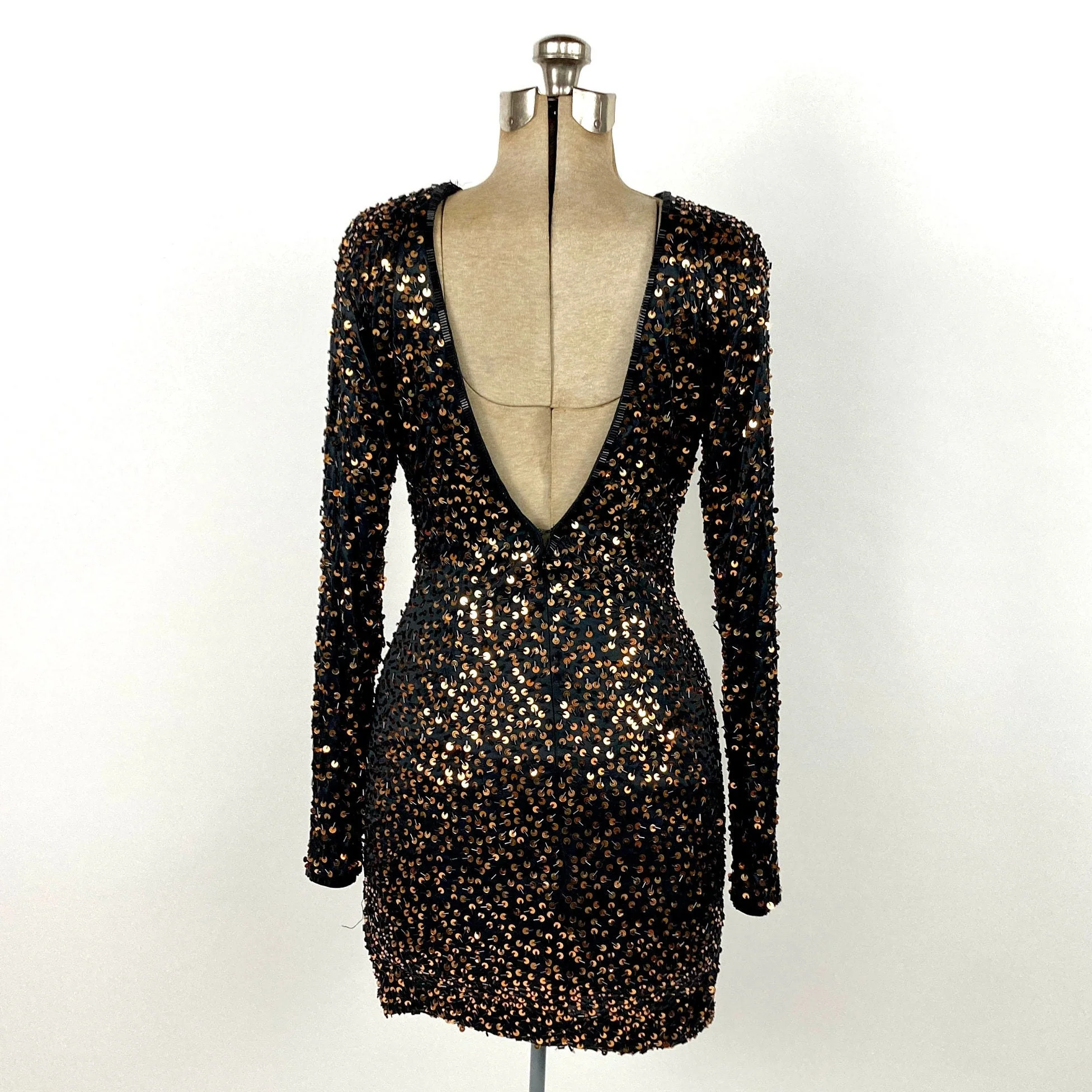 00s Black Plunging V Long Sleeve Dress Beaded Gold Sequin Mini Dress Bodycon Bandage Party Vintage Dress - Image 3