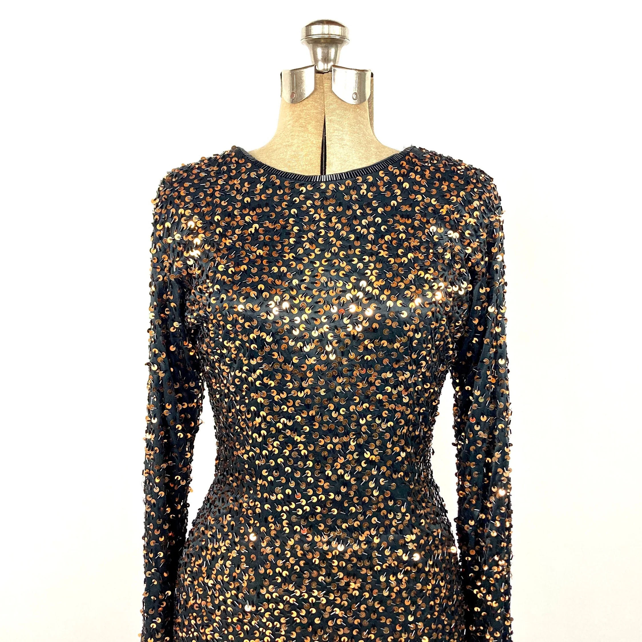 00s Black Plunging V Long Sleeve Dress Beaded Gold Sequin Mini Dress Bodycon Bandage Party Vintage Dress - Image 4