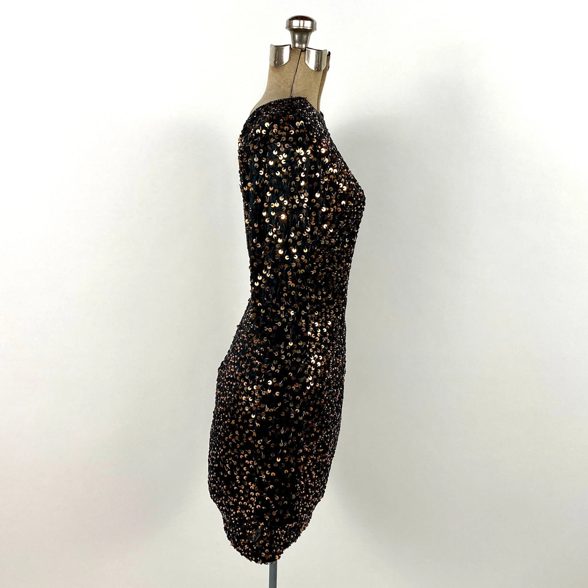00s Black Plunging V Long Sleeve Dress Beaded Gold Sequin Mini Dress Bodycon Bandage Party Vintage Dress - Image 5