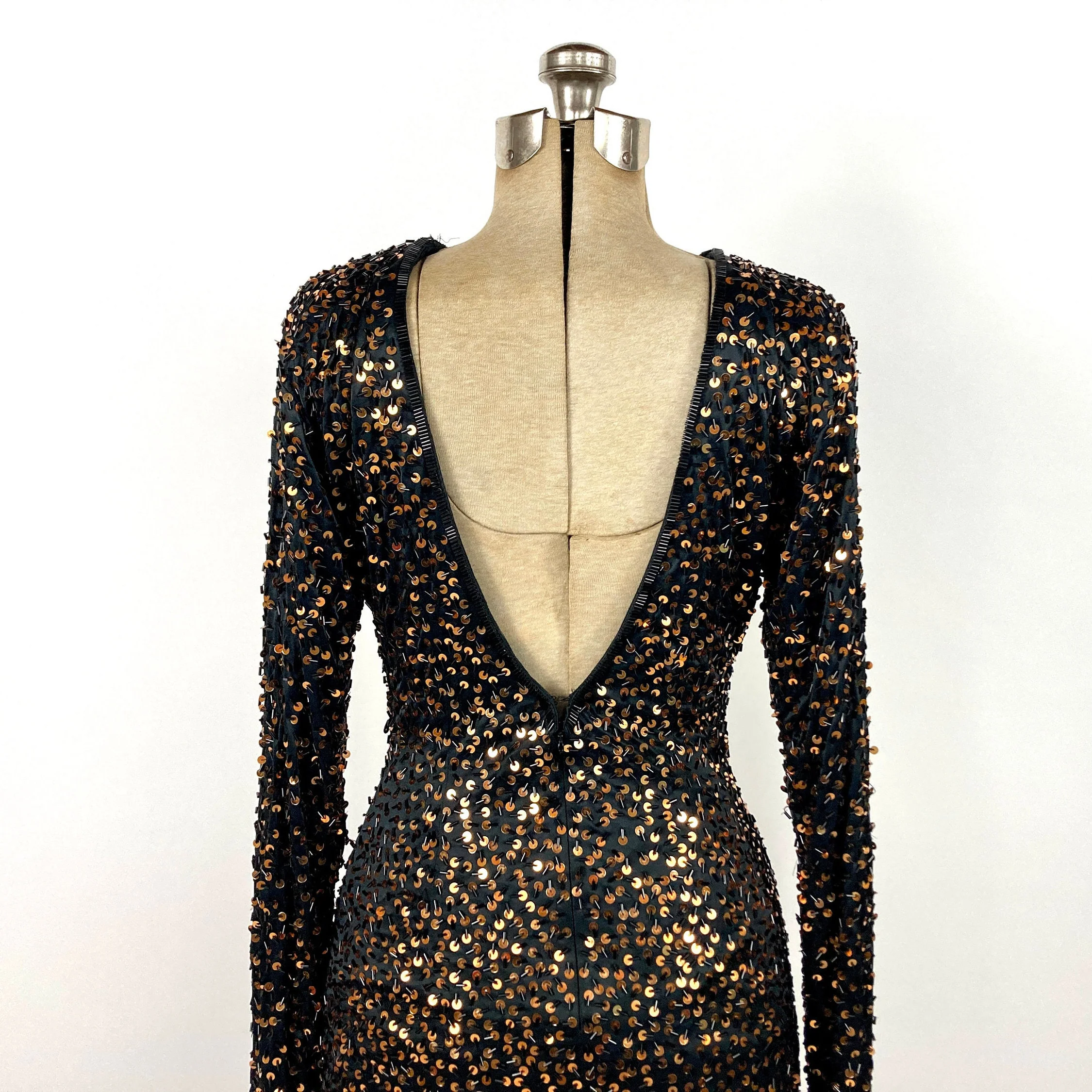 00s Black Plunging V Long Sleeve Dress Beaded Gold Sequin Mini Dress Bodycon Bandage Party Vintage Dress - Image 6
