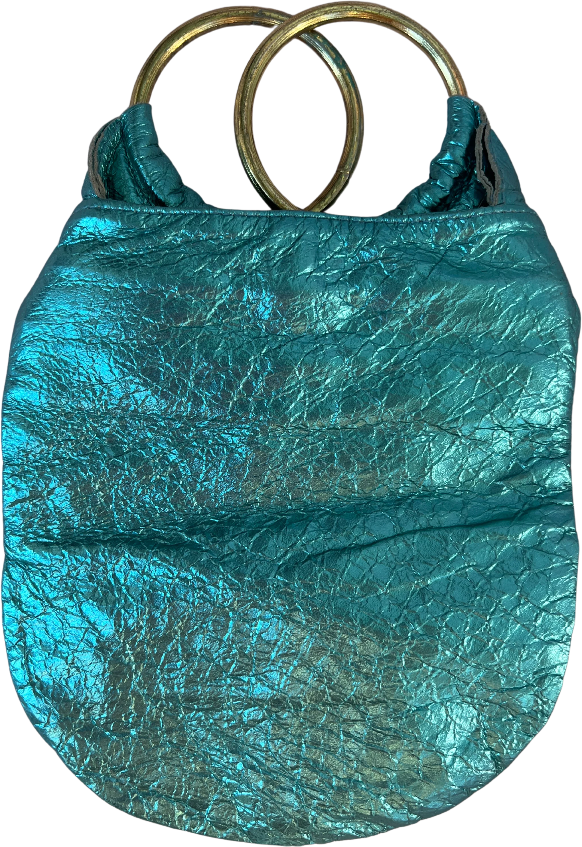 00s Blue Metallic Faux Leather Metal Handle Purse by Bianca White