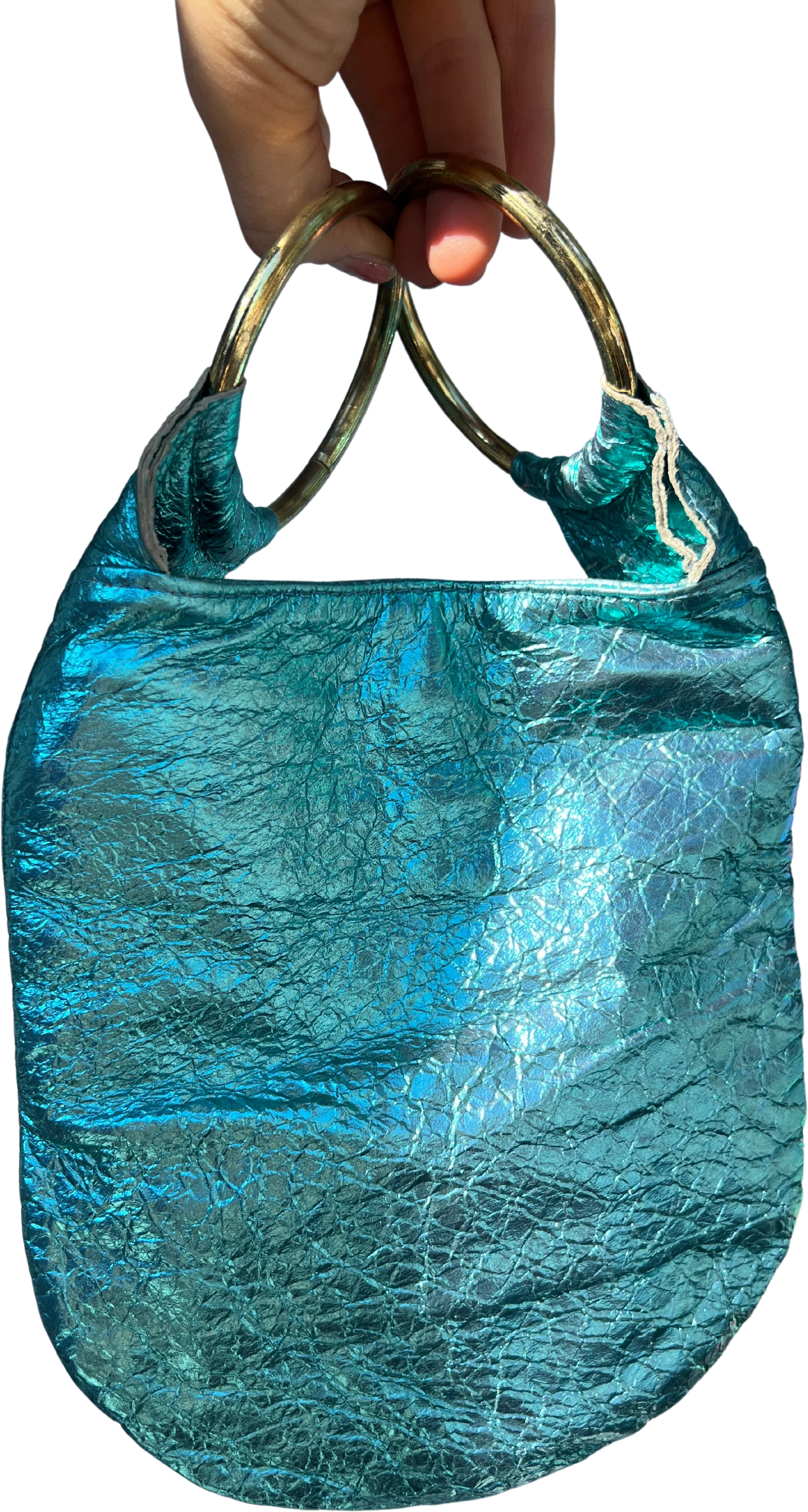 00s Blue Metallic Faux Leather Metal Handle Purse by Bianca White - Image 2
