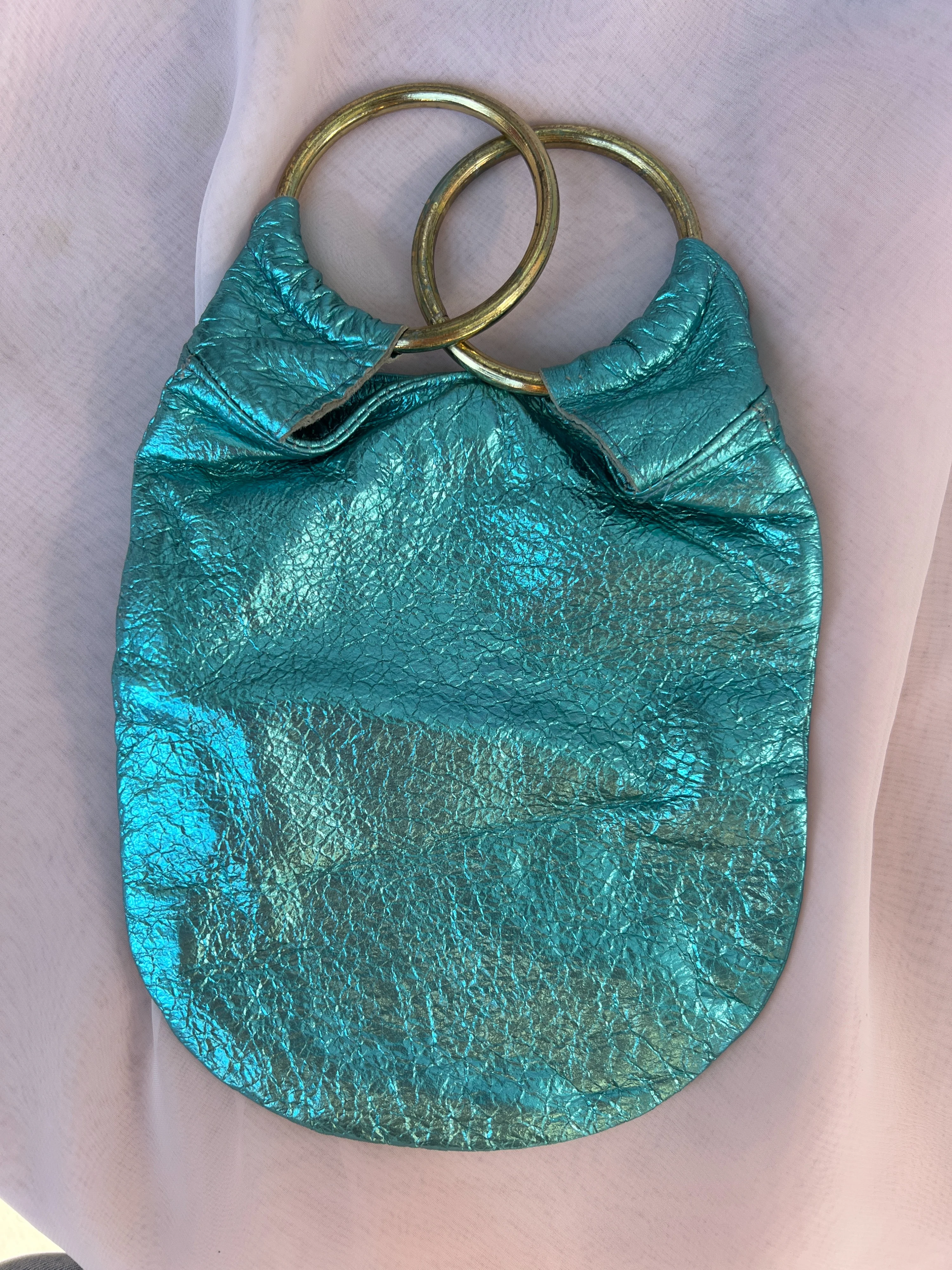 00s Blue Metallic Faux Leather Metal Handle Purse by Bianca White - Image 3