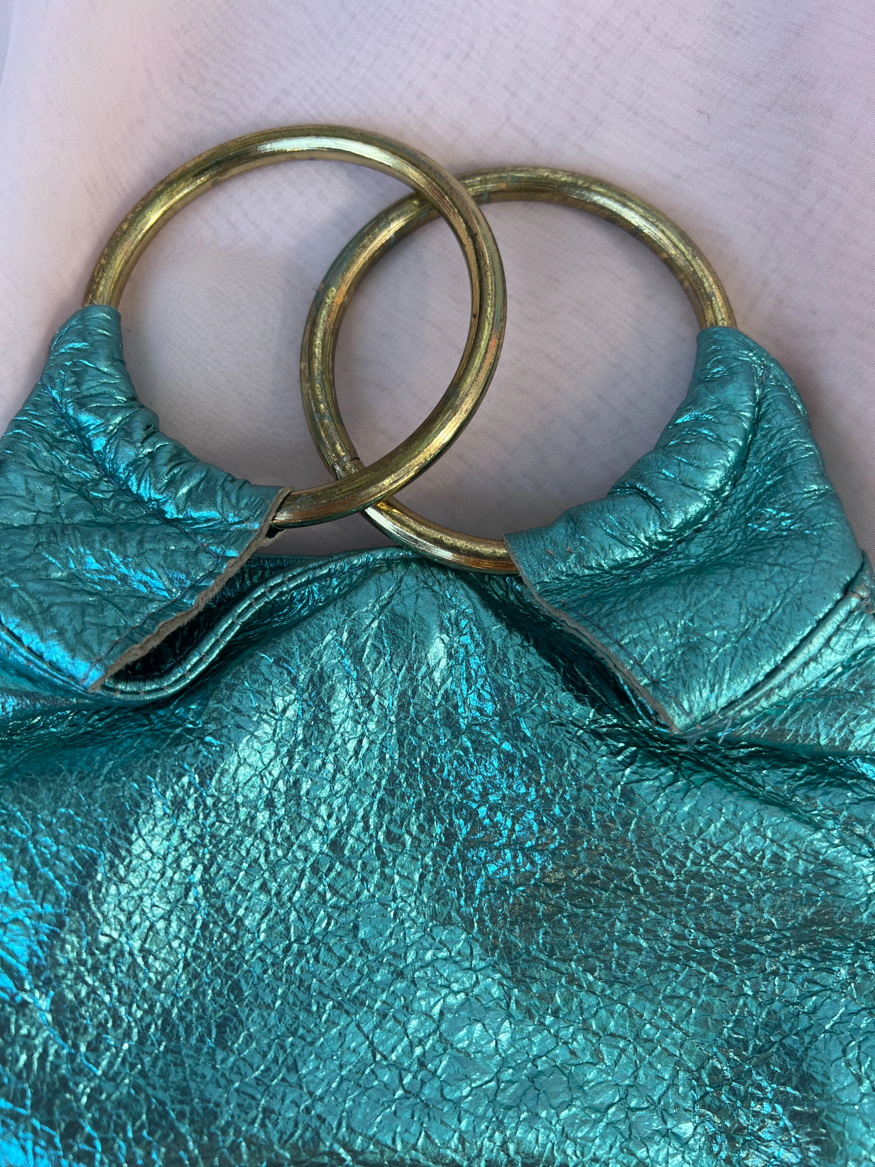 00s Blue Metallic Faux Leather Metal Handle Purse by Bianca White - Image 4