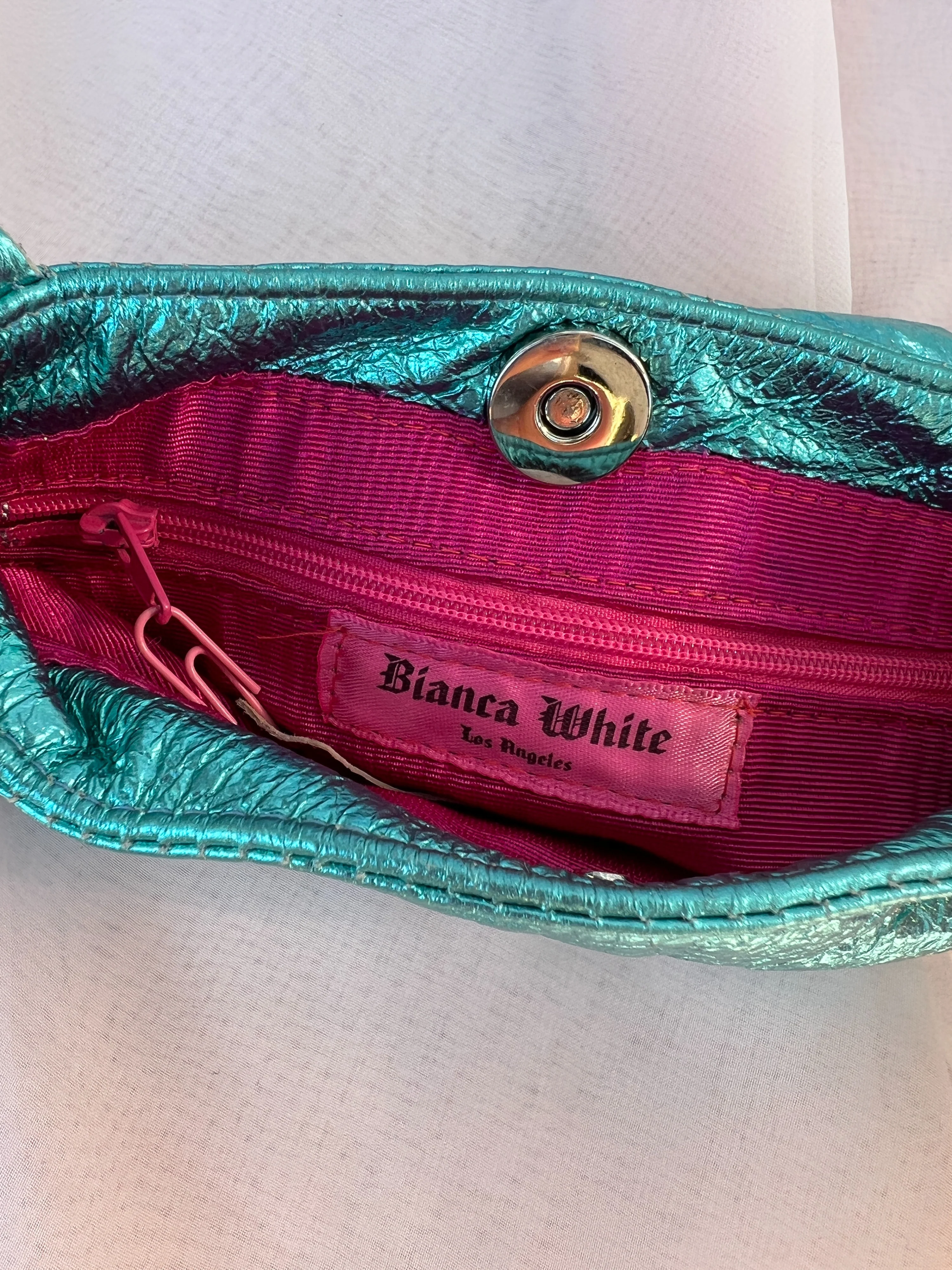 00s Blue Metallic Faux Leather Metal Handle Purse by Bianca White - Image 6