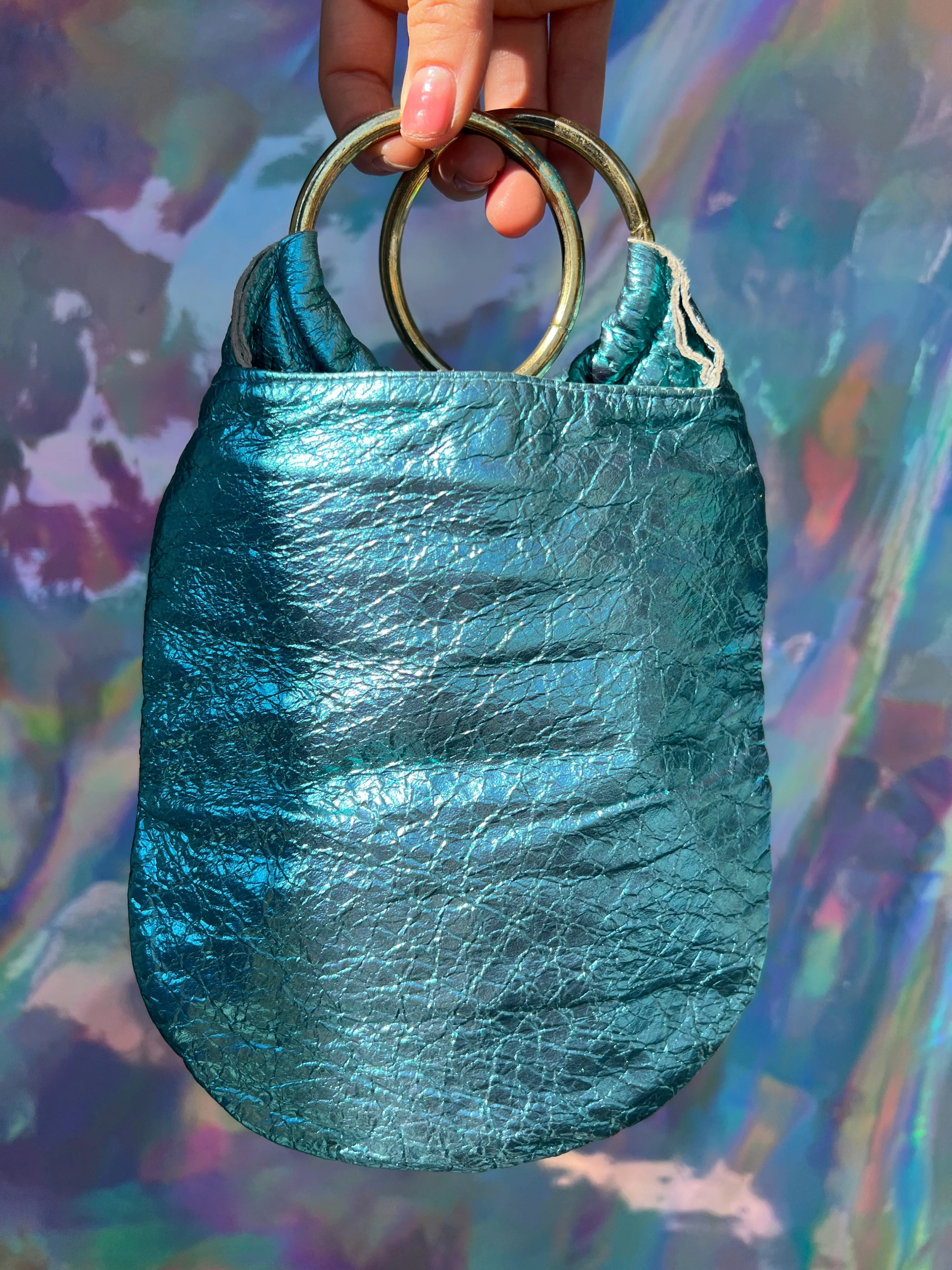 00s Blue Metallic Faux Leather Metal Handle Purse by Bianca White - Image 7