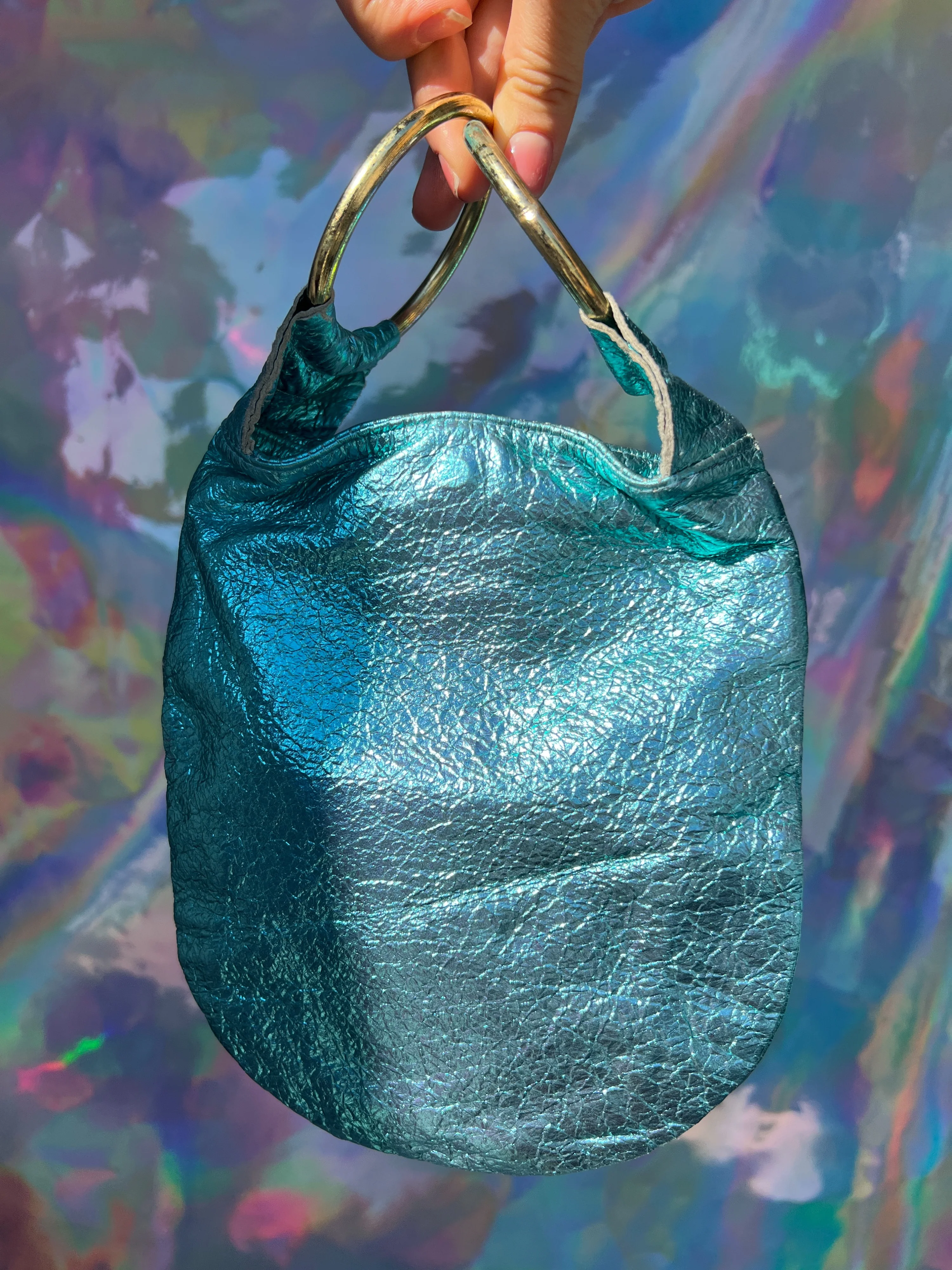 00s Blue Metallic Faux Leather Metal Handle Purse by Bianca White - Image 8
