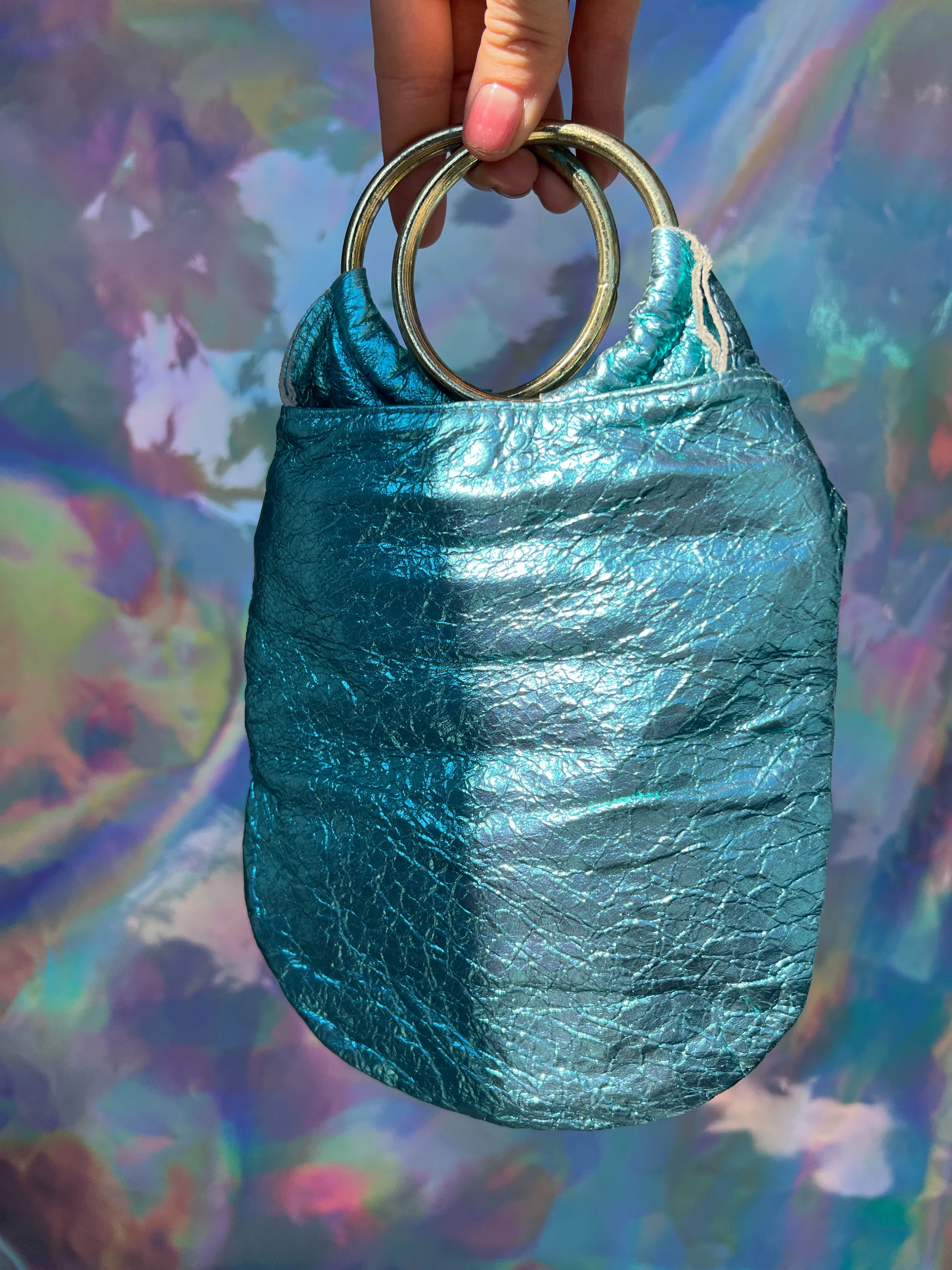 00s Blue Metallic Faux Leather Metal Handle Purse by Bianca White - Image 9