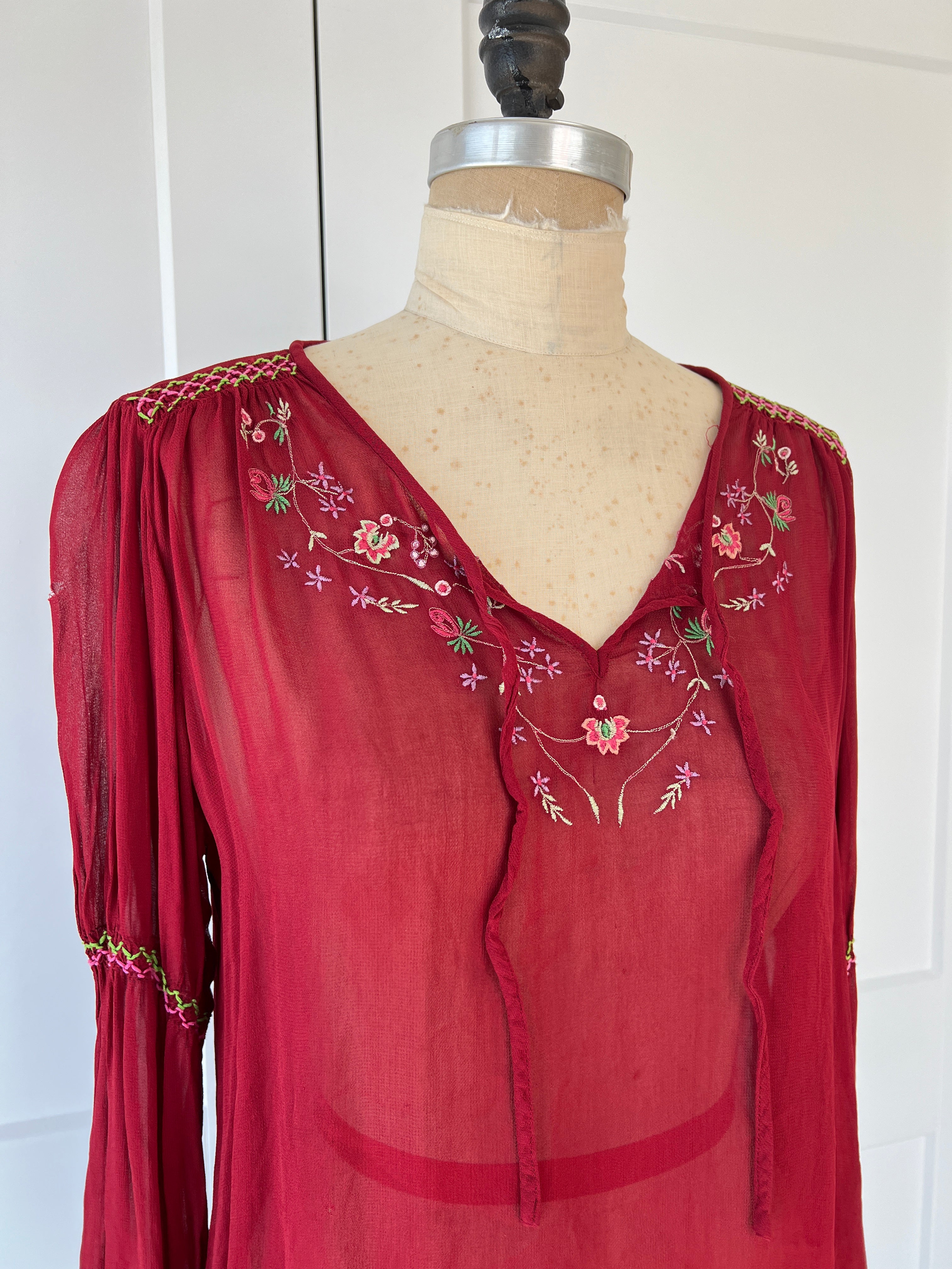 00s Bohemian Floral Embroidered Bishop Sleeve Blouse By April Cornell - Image 3