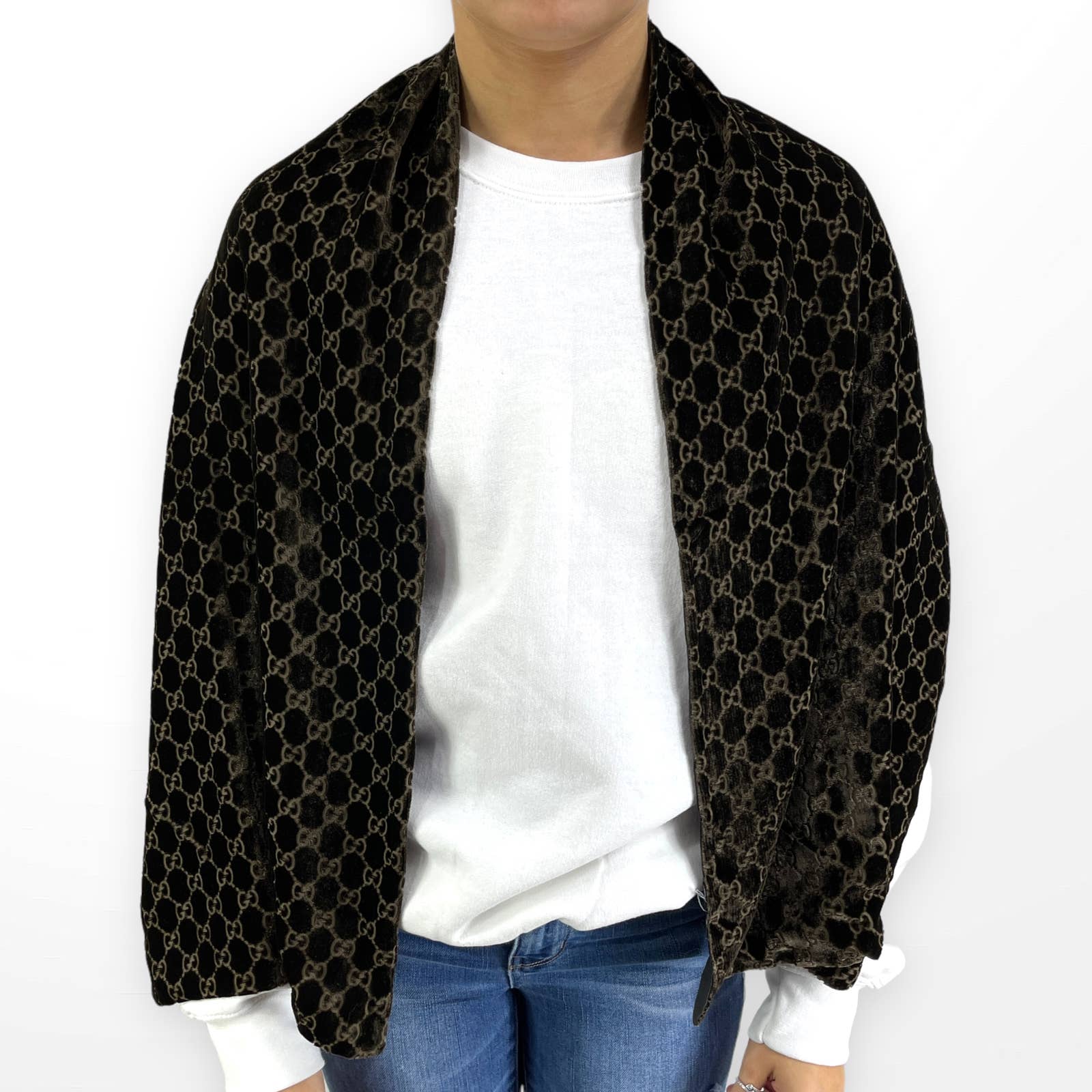 00s Brown Monogram Rectangle Velvet Scarf Shawl by Gucci - Image 3
