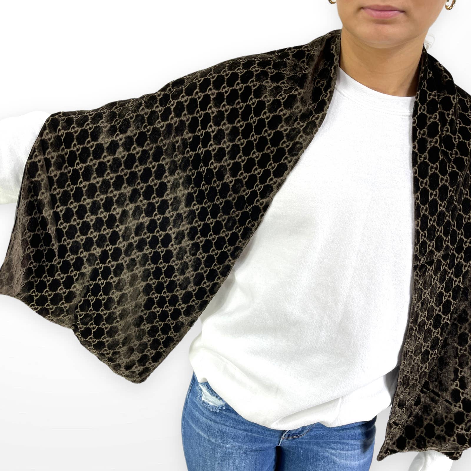 00s Brown Monogram Rectangle Velvet Scarf Shawl by Gucci - Image 8