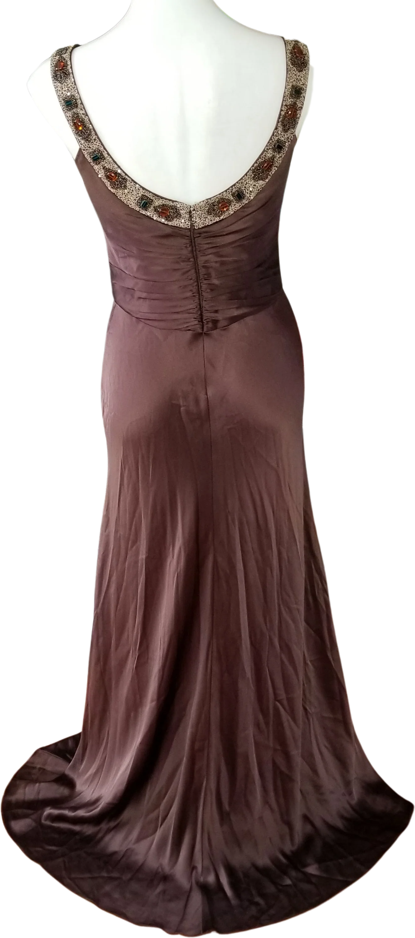 00s Brown Silk Satin Grecian-detail Gown With Sequins By Badgley Mischka - Image 2