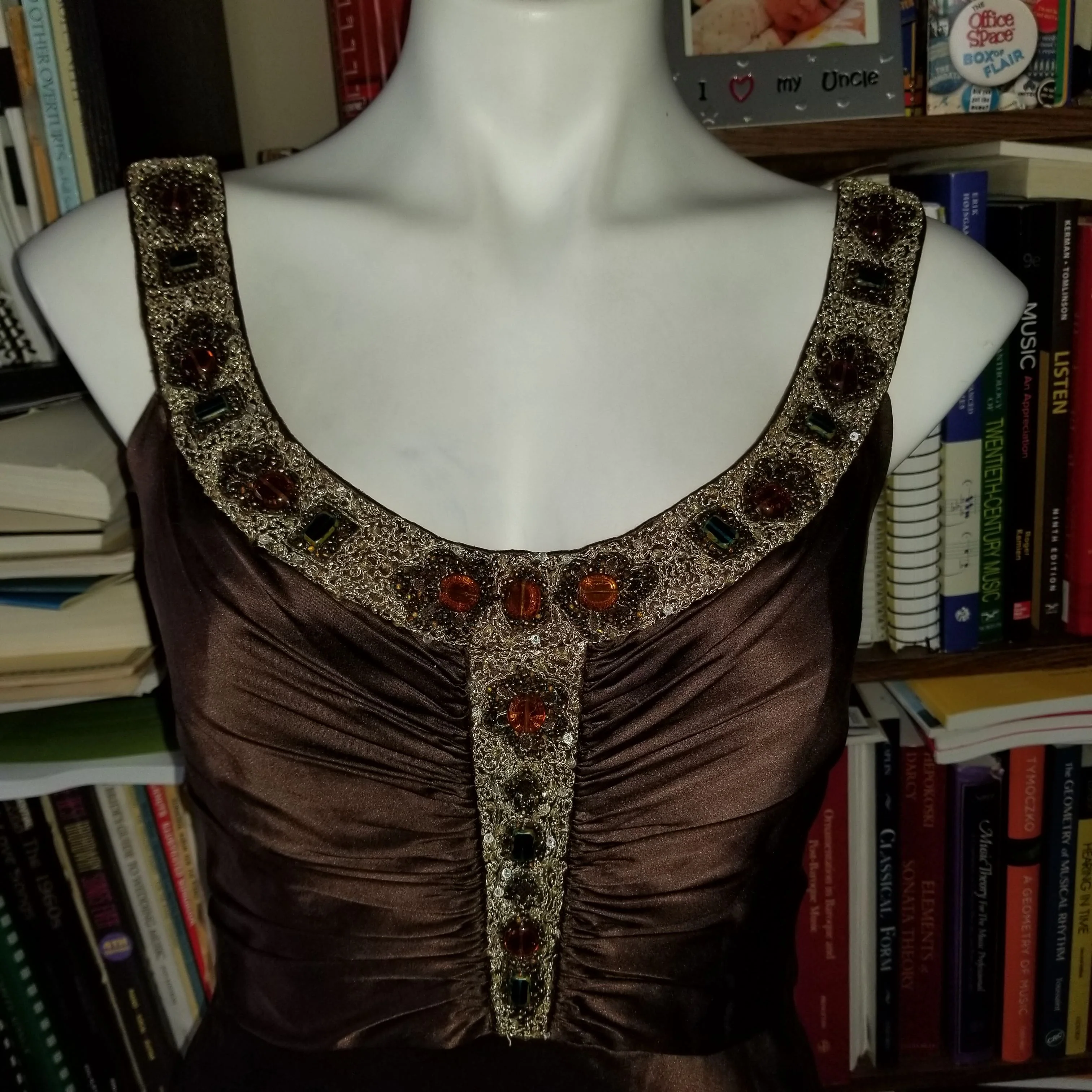 00s Brown Silk Satin Grecian-detail Gown With Sequins By Badgley Mischka - Image 3