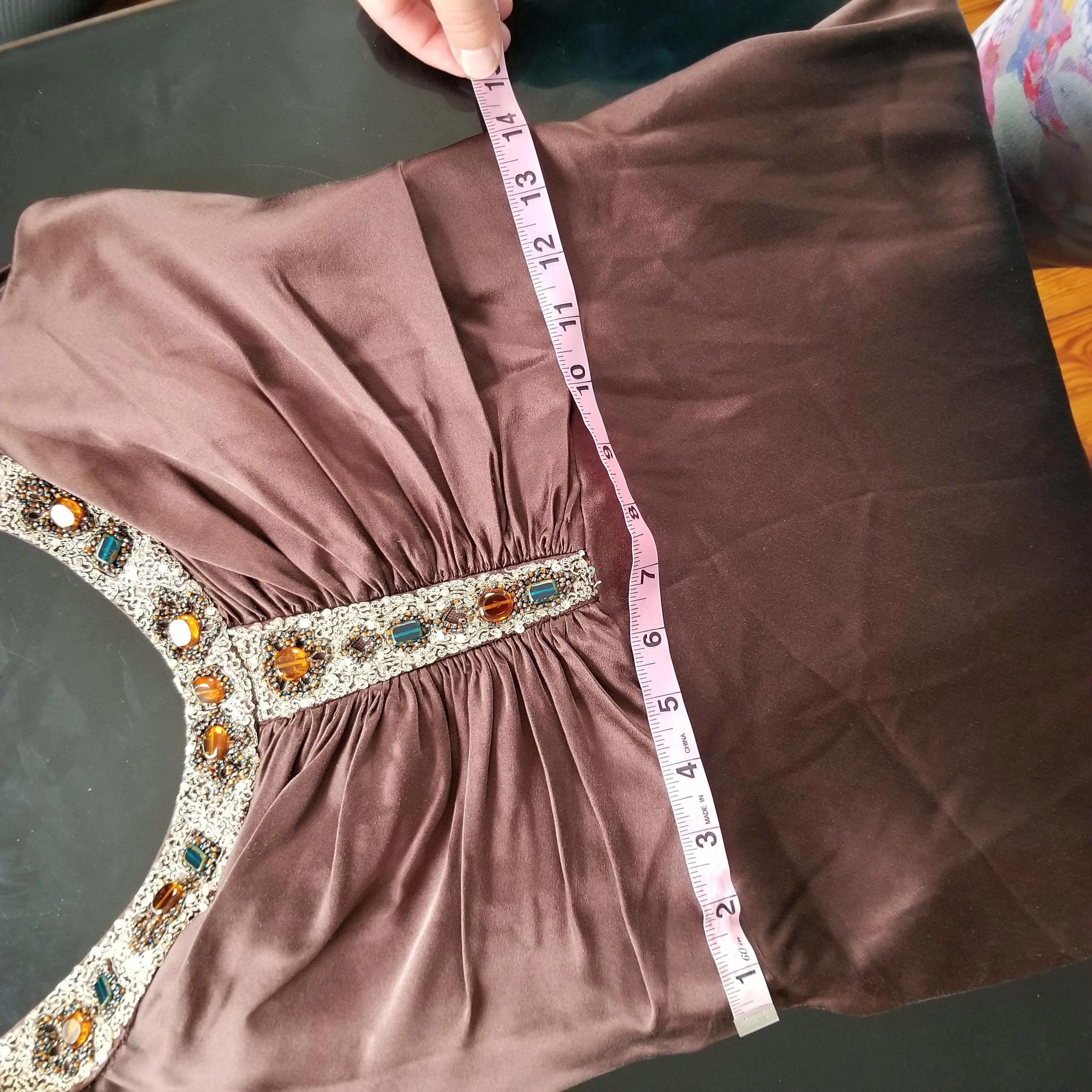 00s Brown Silk Satin Grecian-detail Gown With Sequins By Badgley Mischka - Image 8