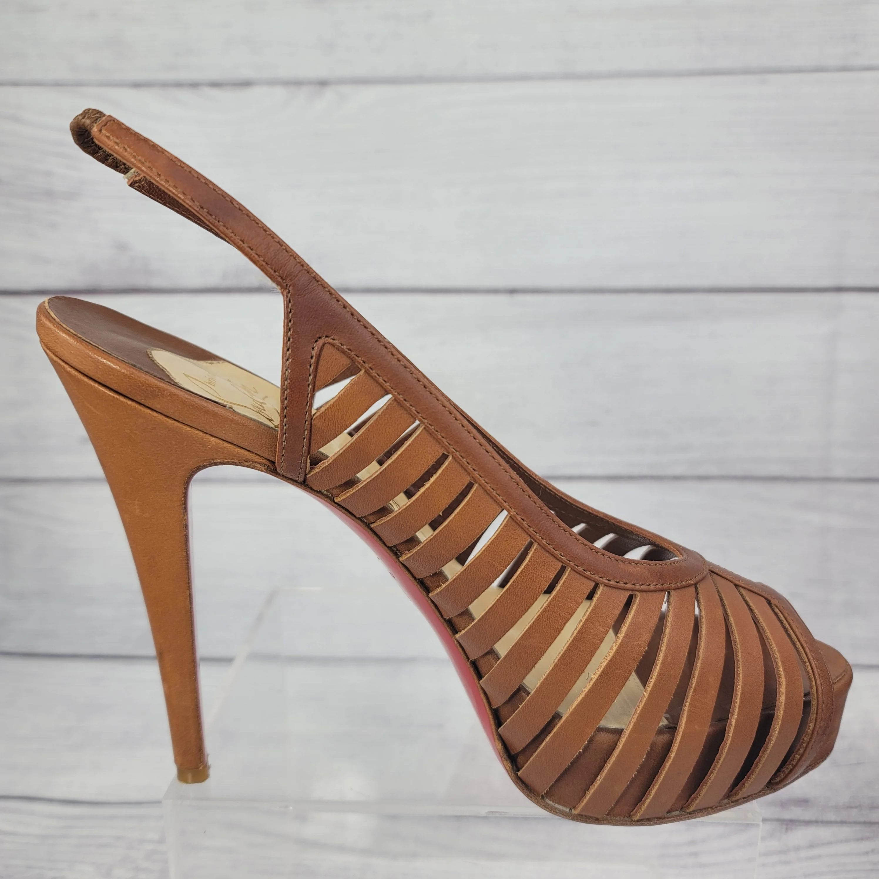 00s Buchon Tan Leather Strappy Platform Heels Shoes By Christian Louboutin - Image 11