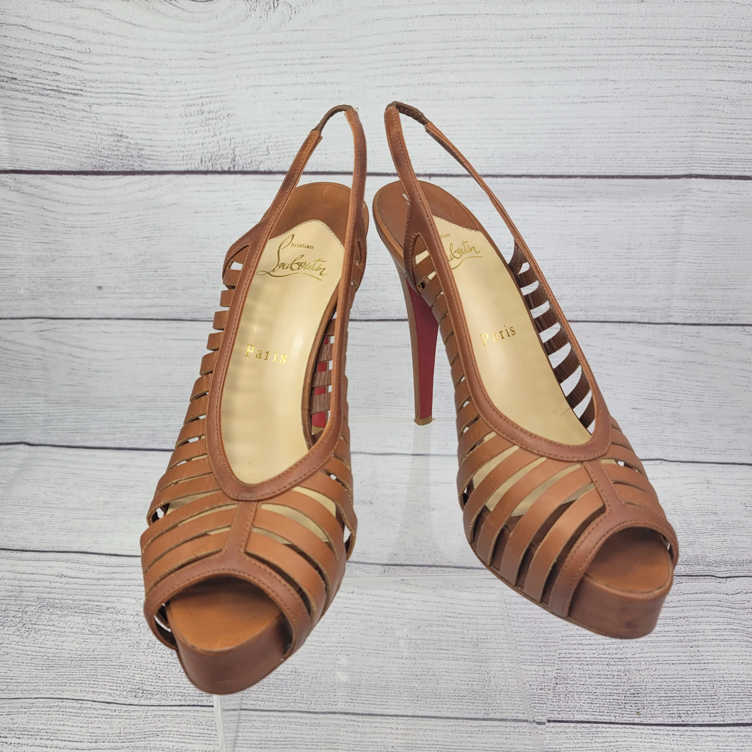 00s Buchon Tan Leather Strappy Platform Heels Shoes By Christian Louboutin - Image 12