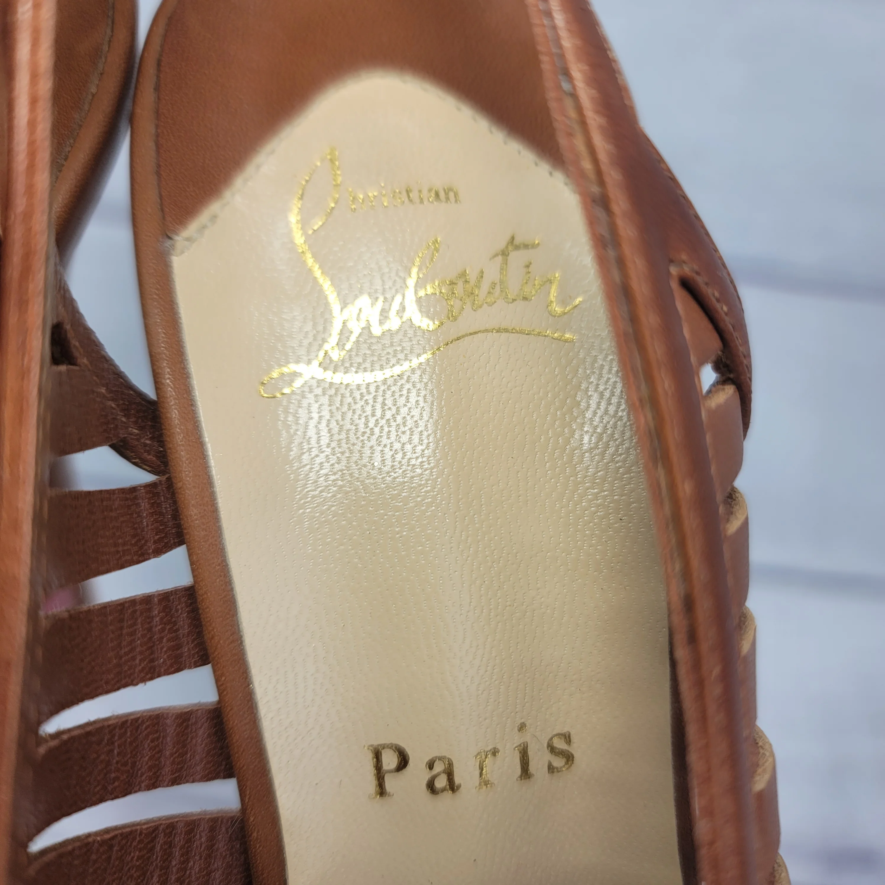 00s Buchon Tan Leather Strappy Platform Heels Shoes By Christian Louboutin - Image 15