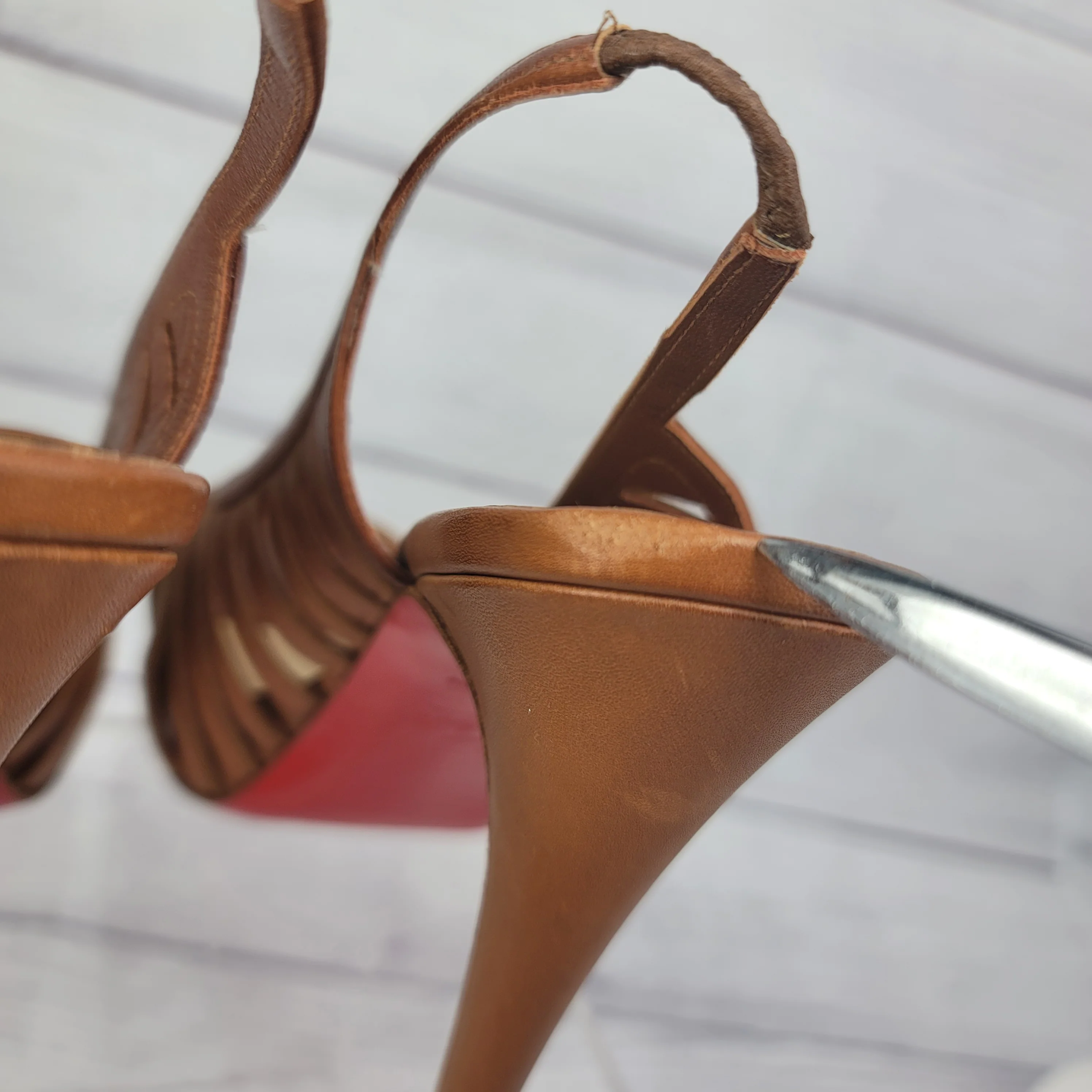 00s Buchon Tan Leather Strappy Platform Heels Shoes By Christian Louboutin - Image 16