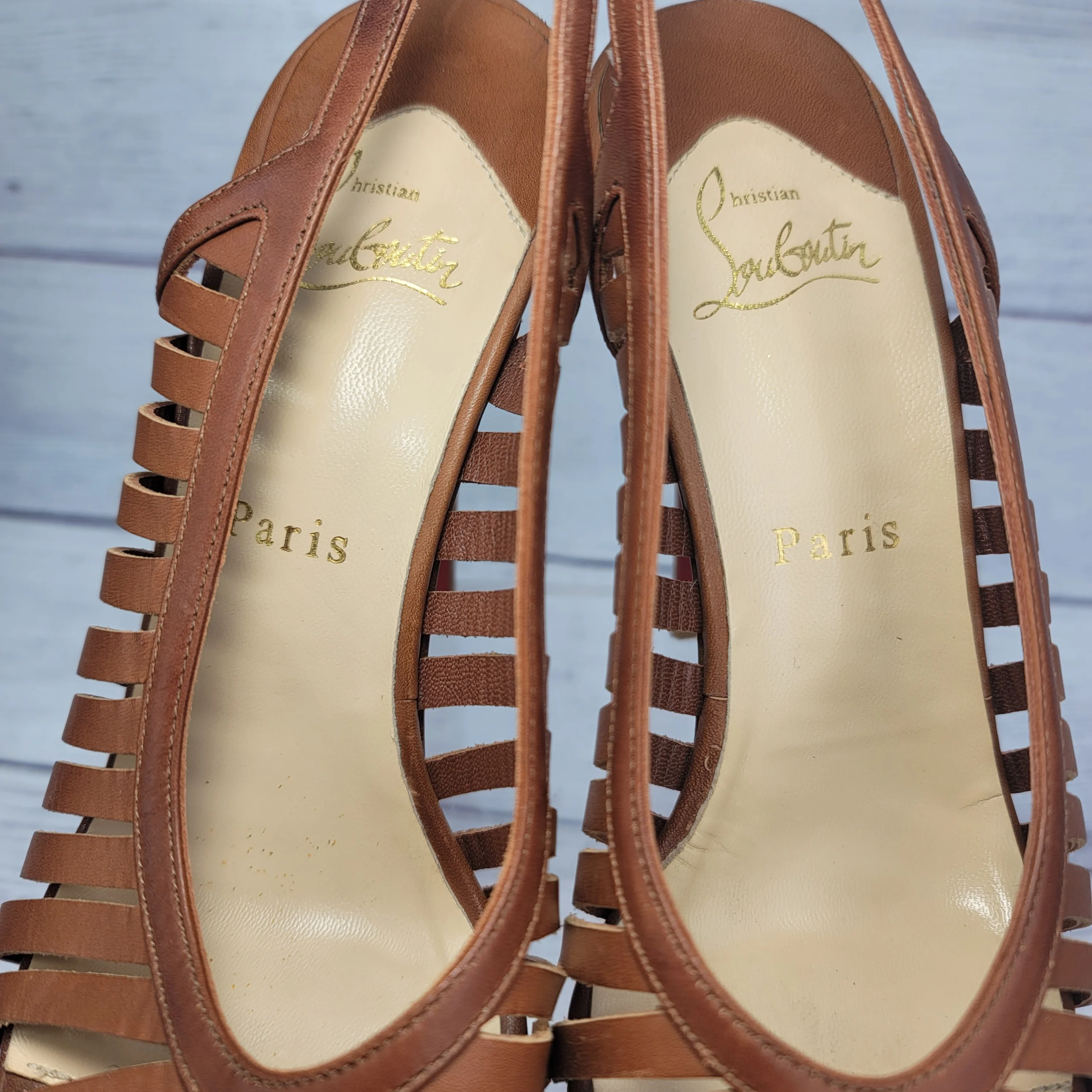 00s Buchon Tan Leather Strappy Platform Heels Shoes By Christian Louboutin - Image 18