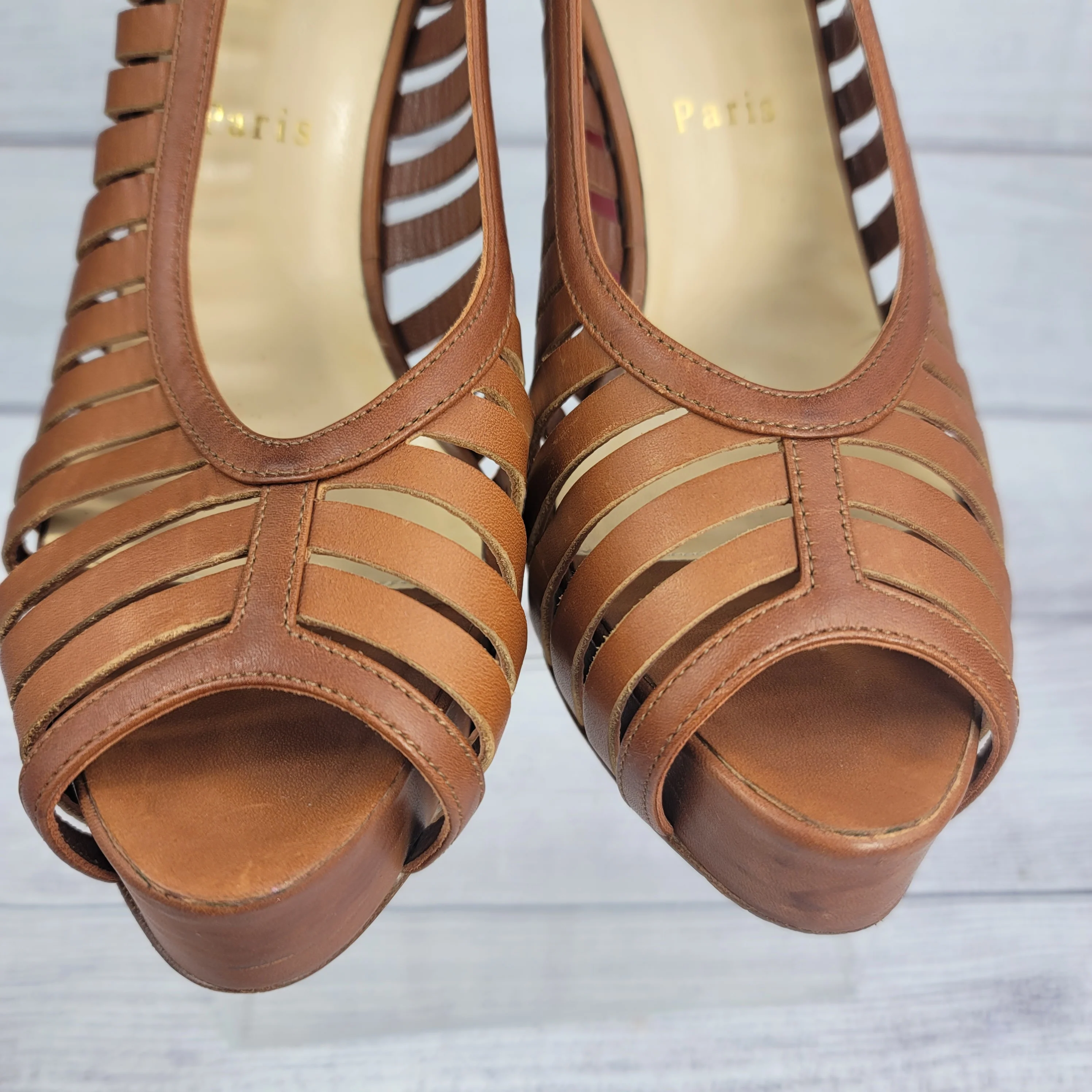 00s Buchon Tan Leather Strappy Platform Heels Shoes By Christian Louboutin - Image 19
