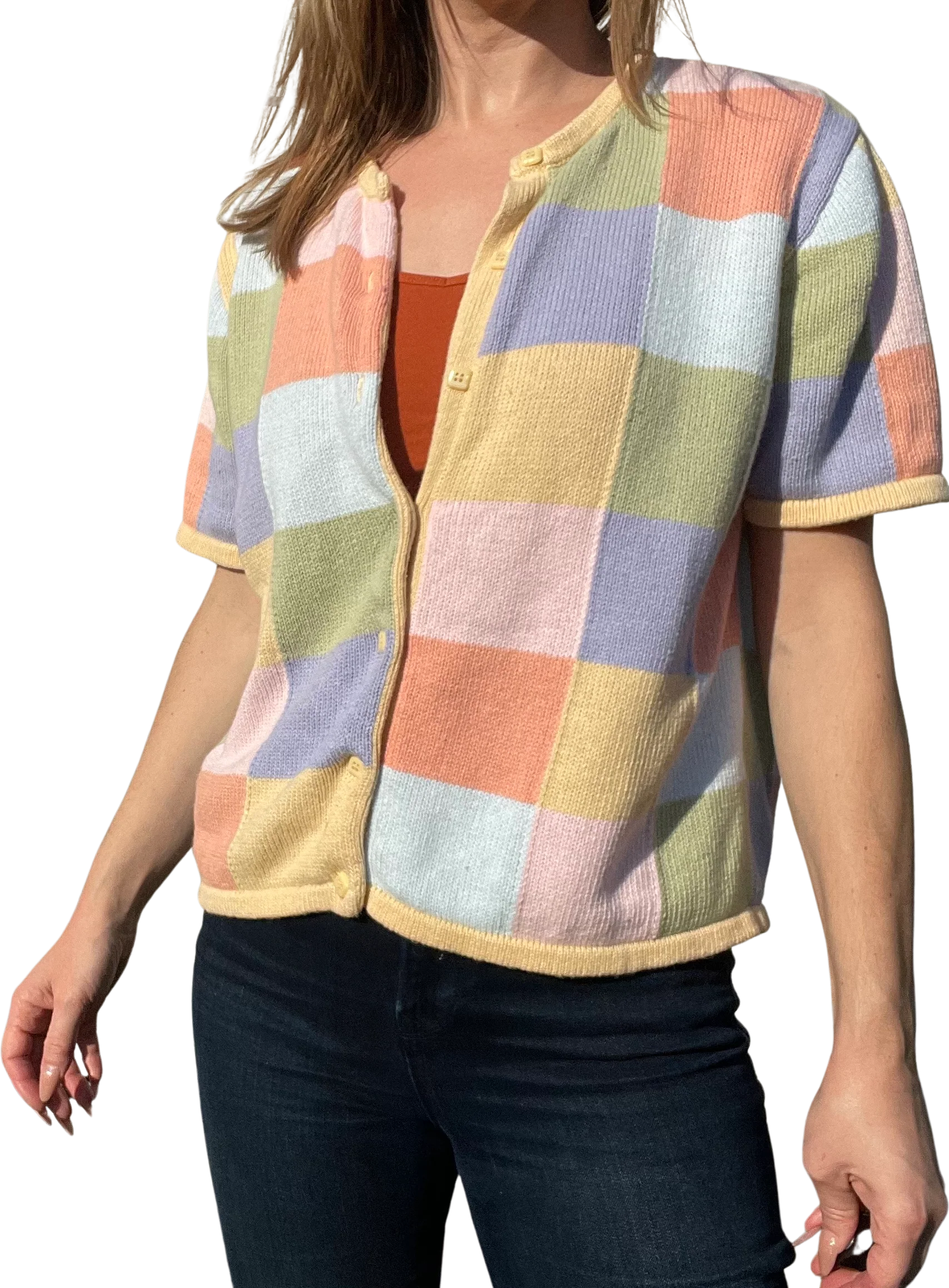 00s Button Down Pastel Checkered Cardigan Short Sleeve By Christopher and Banks