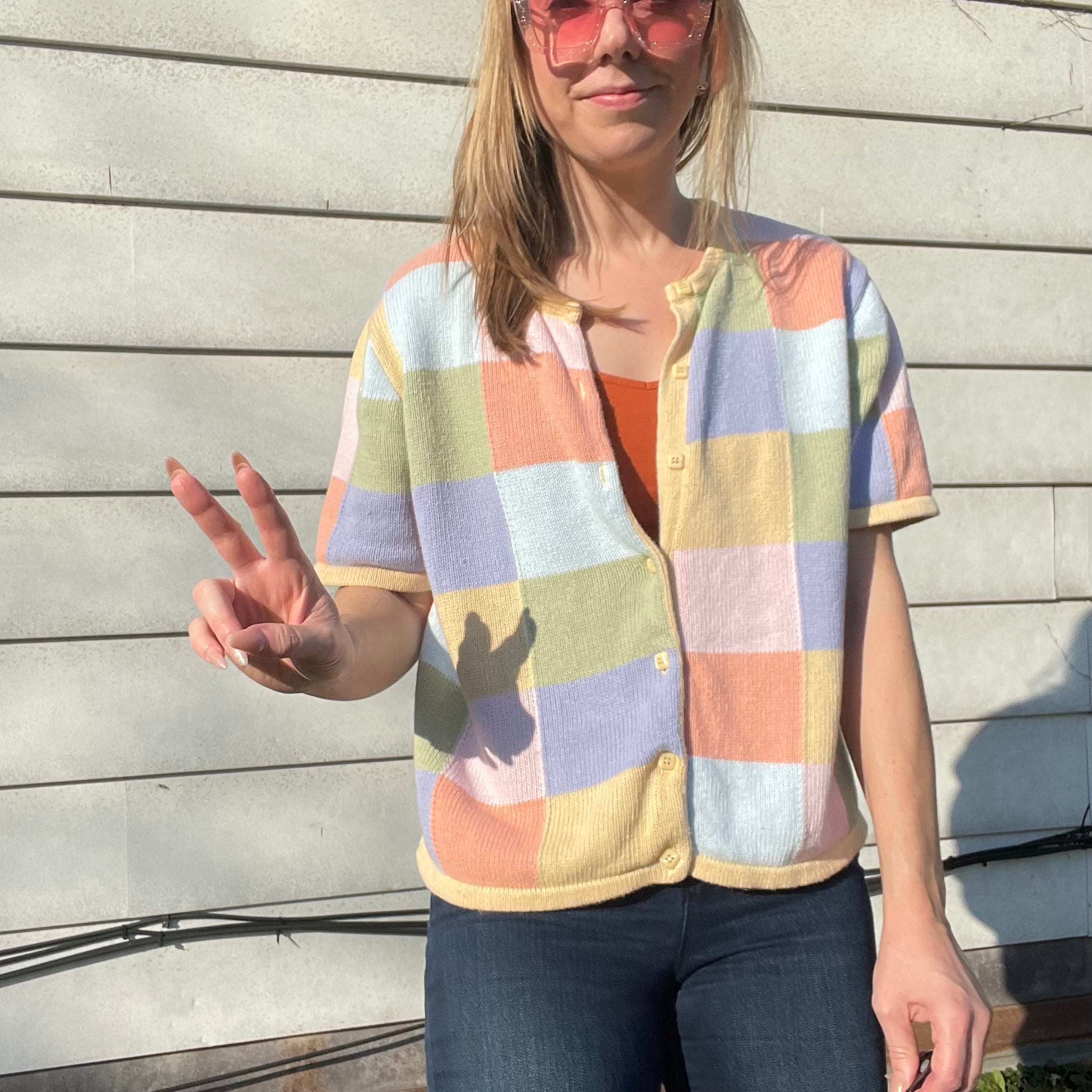 00s Button Down Pastel Checkered Cardigan Short Sleeve By Christopher and Banks - Image 6