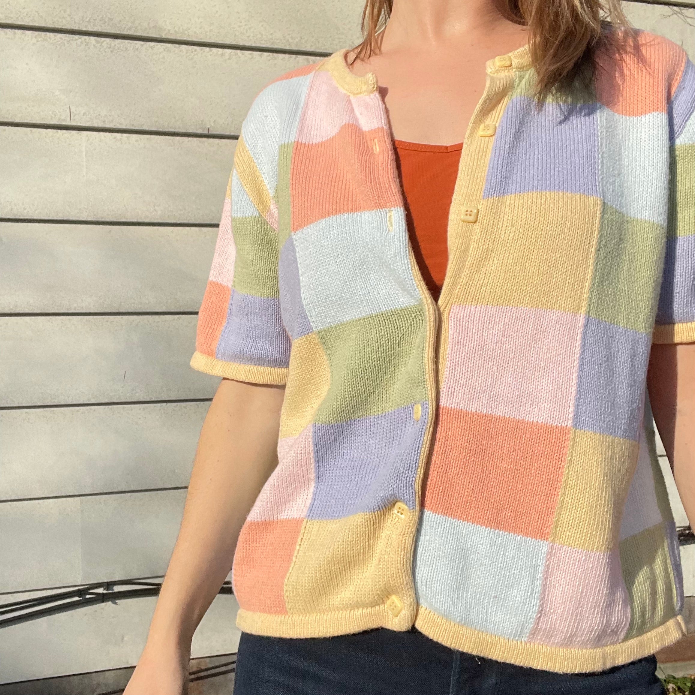 00s Button Down Pastel Checkered Cardigan Short Sleeve By Christopher and Banks - Image 8