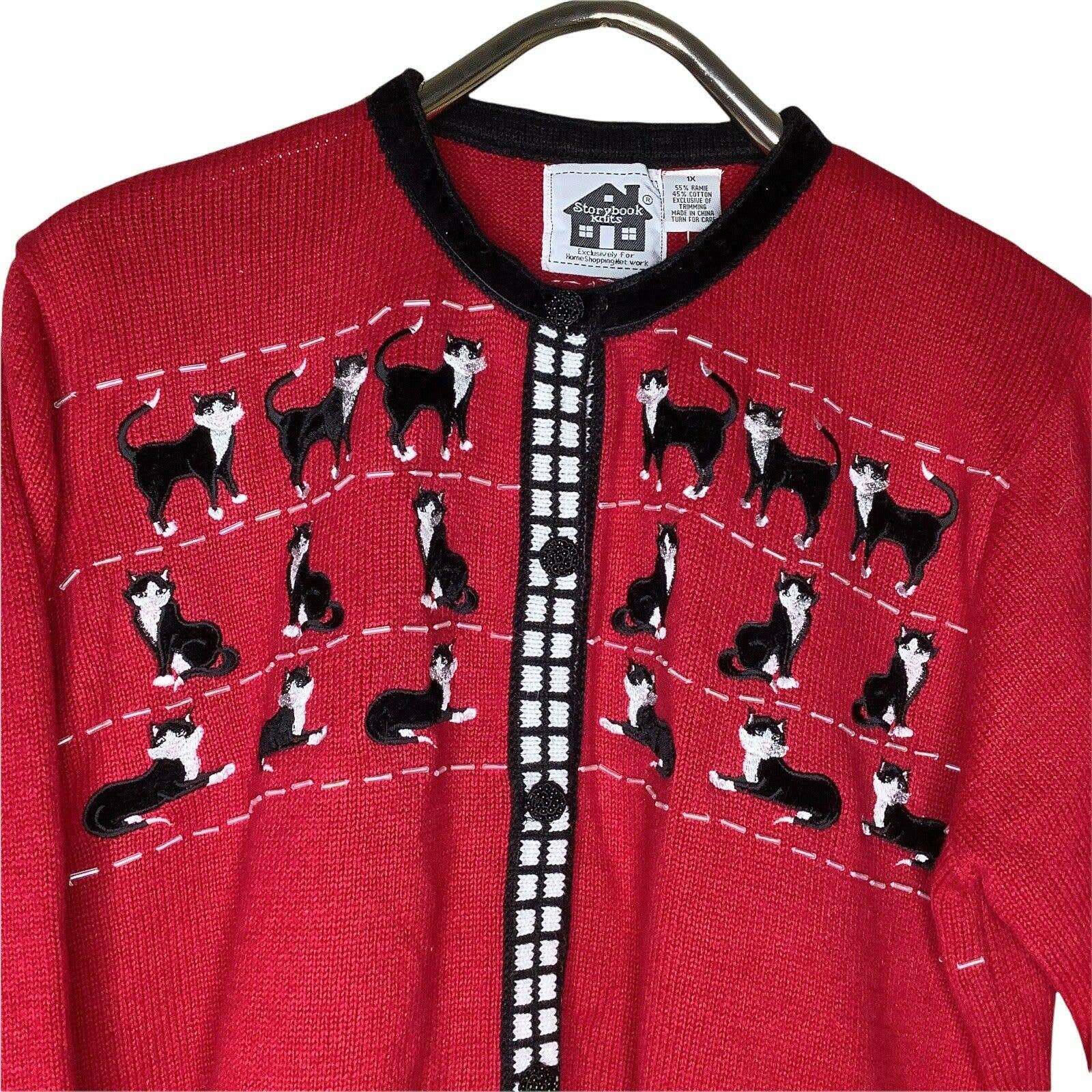 00s Cardigan 1x Tuxedo Cats Feline Progression Beaded Velvet Trim by Storybook Knits - Image 4