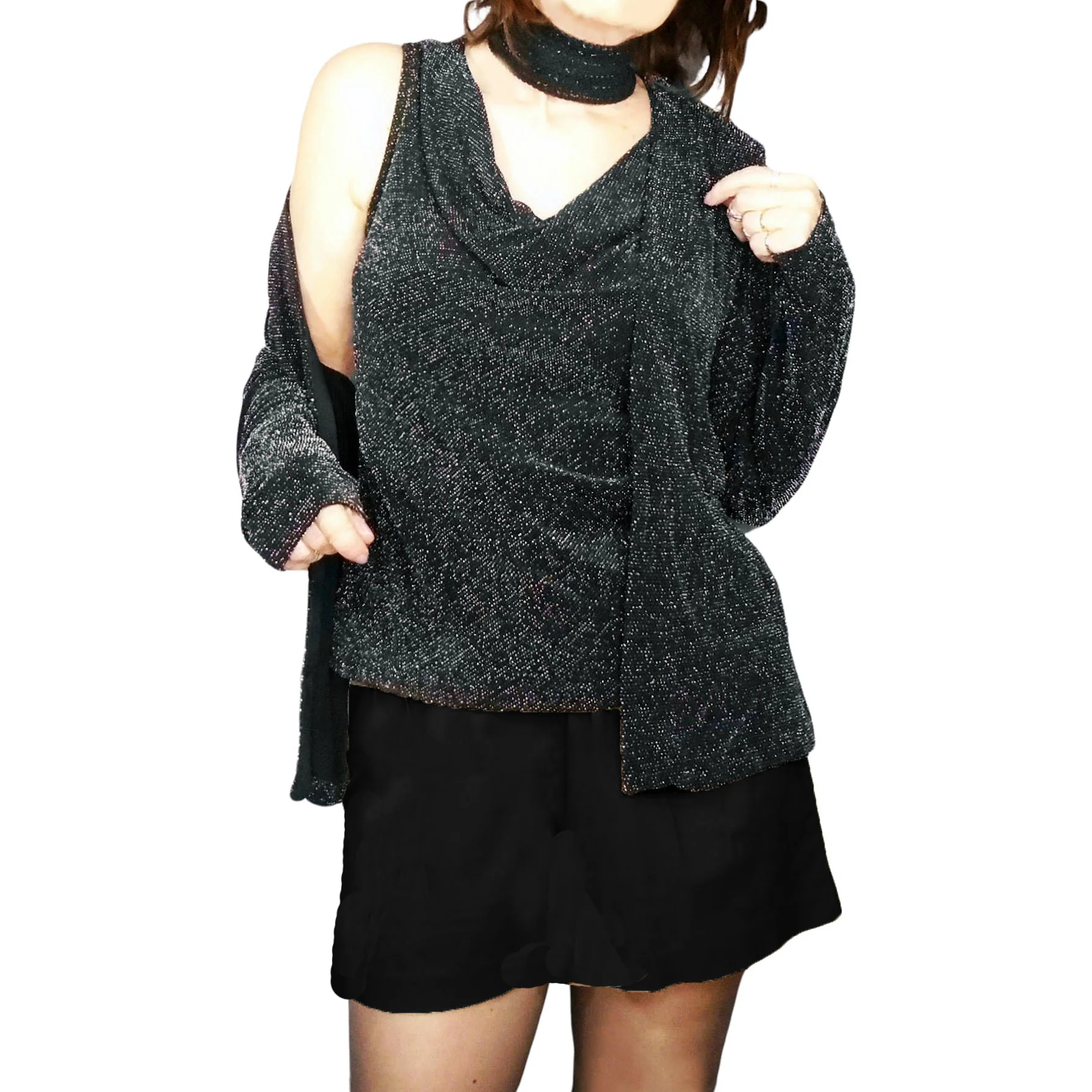 00s Cardigan And Top, Sparkly Twin Set, Black Silver By Xscape - Image 9