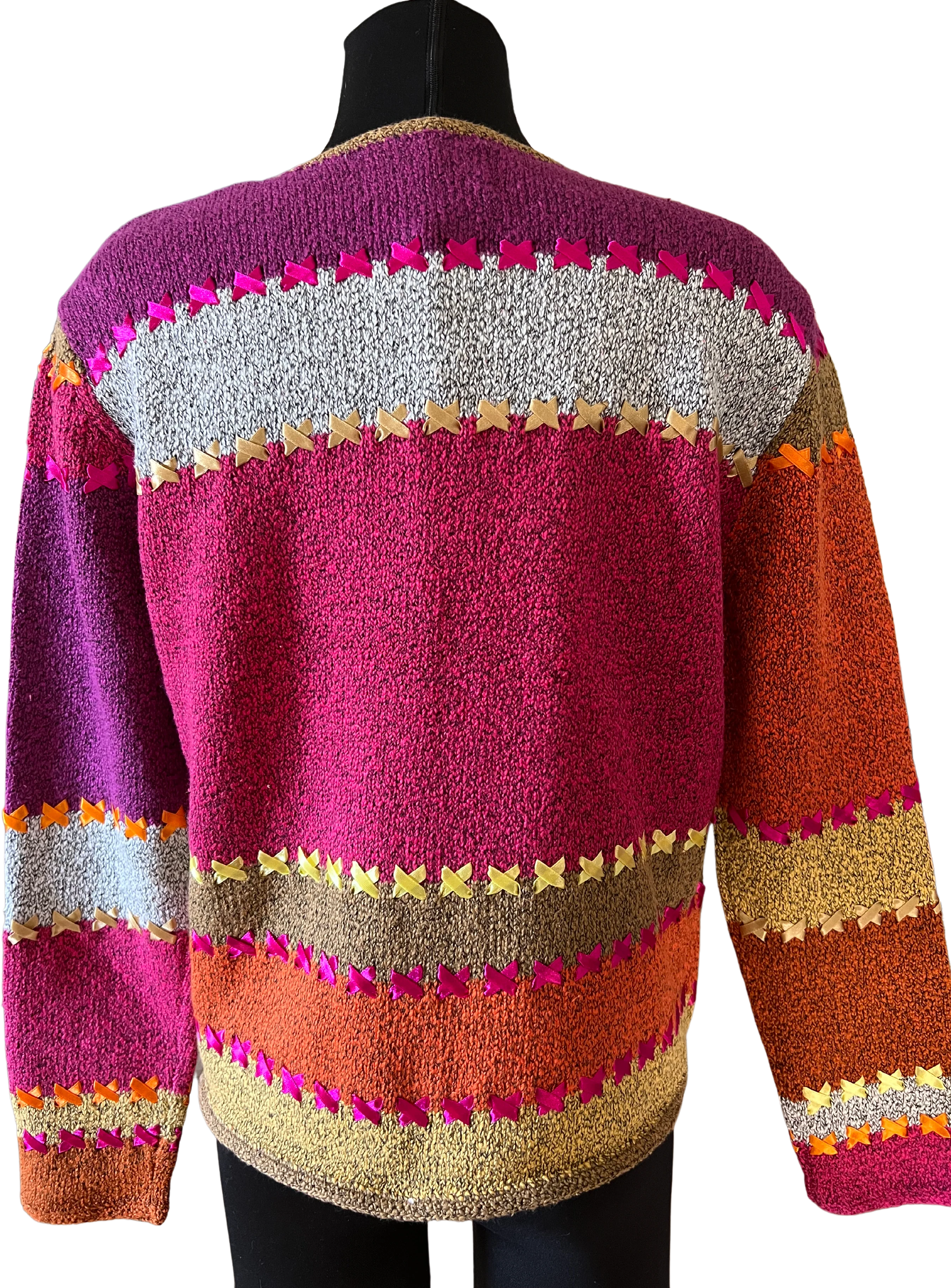 00s Colorblock Cardigan With Ribbon Embroidery By Elana Carello - Image 2